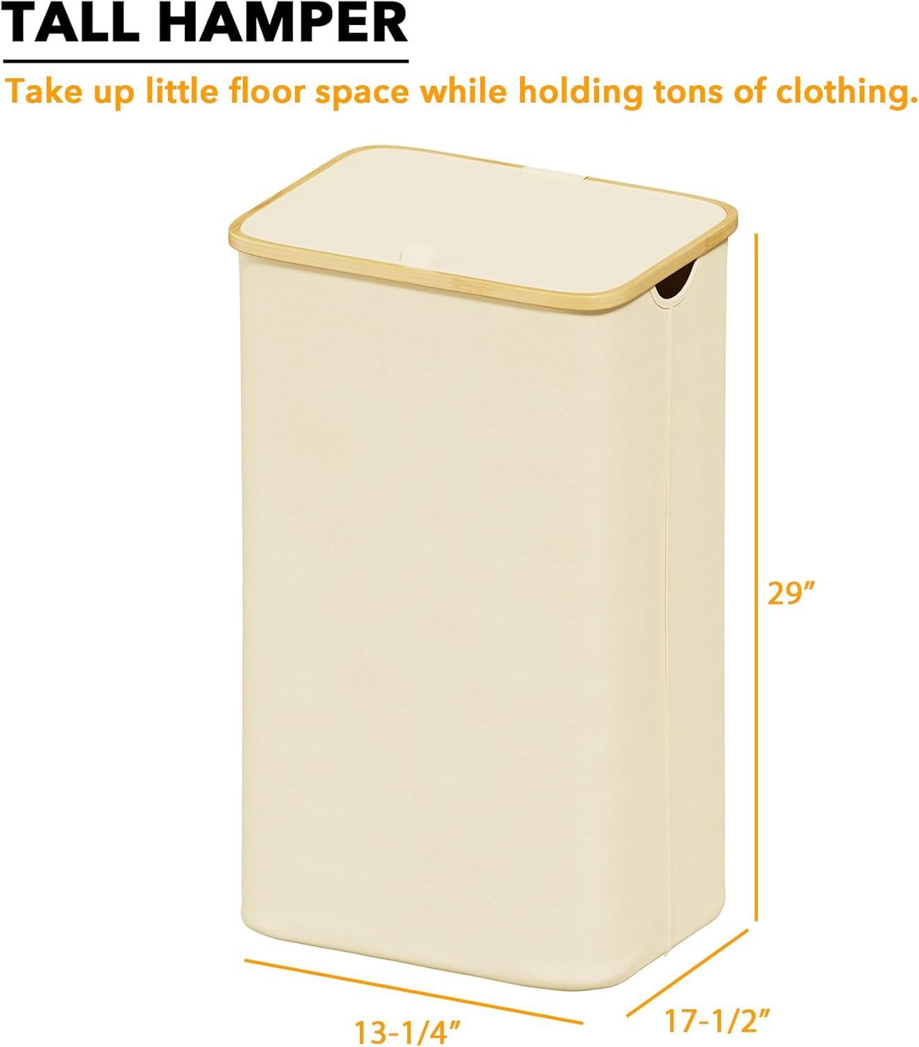 Laundry Hamper with Lid features Bamboo Handle,Beige-SpaceAid