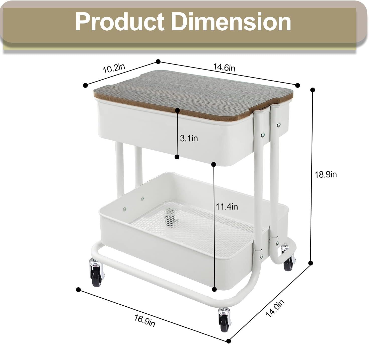 White 2-Tier Metal Rolling Utility Cart with Cover Board