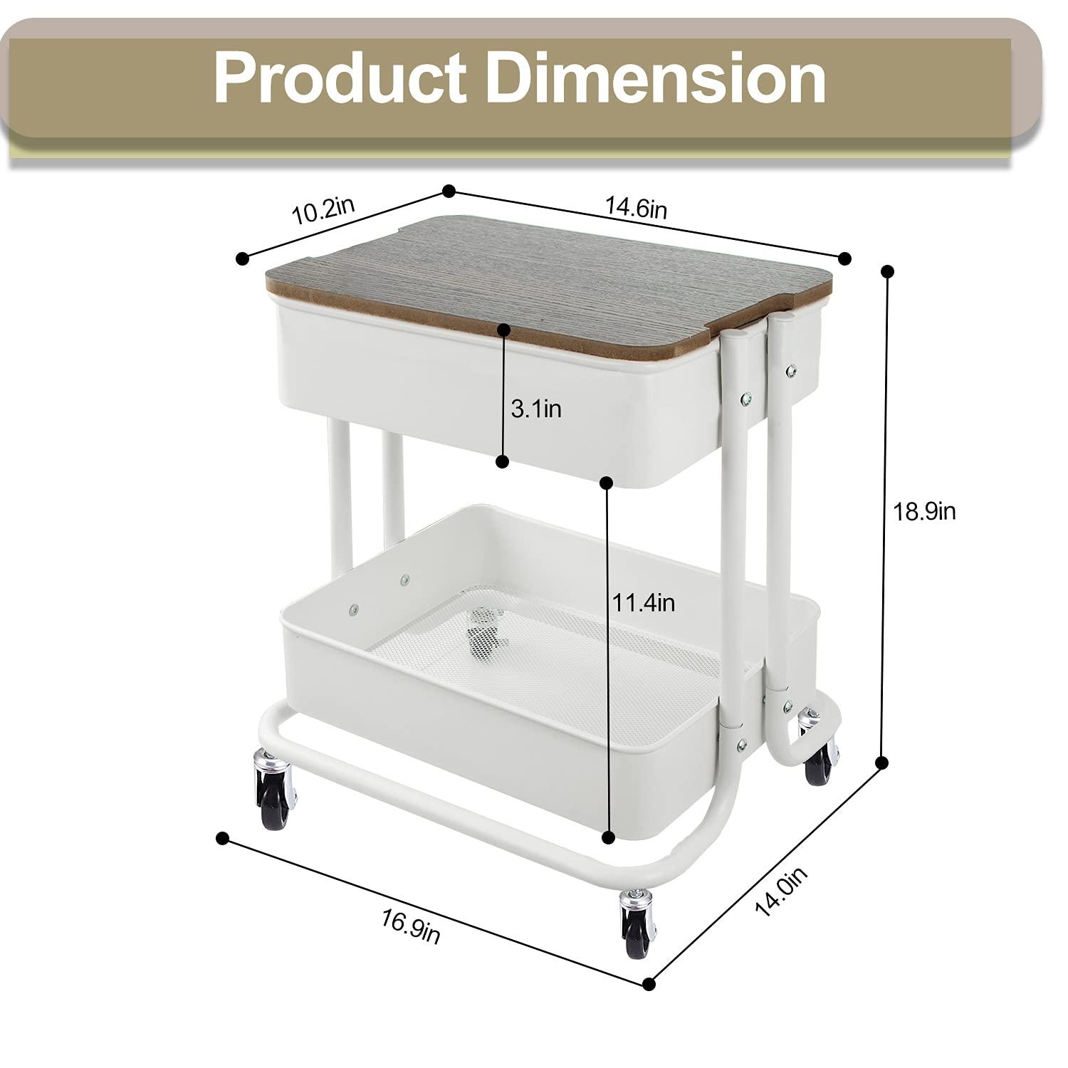 Melody House 2 Tier Metal Utility Rolling Cart Storage Organizer with Cover Board, Mobile Trolley Sofa Side Table with Wheels for Office Home Kitchen Organization, White