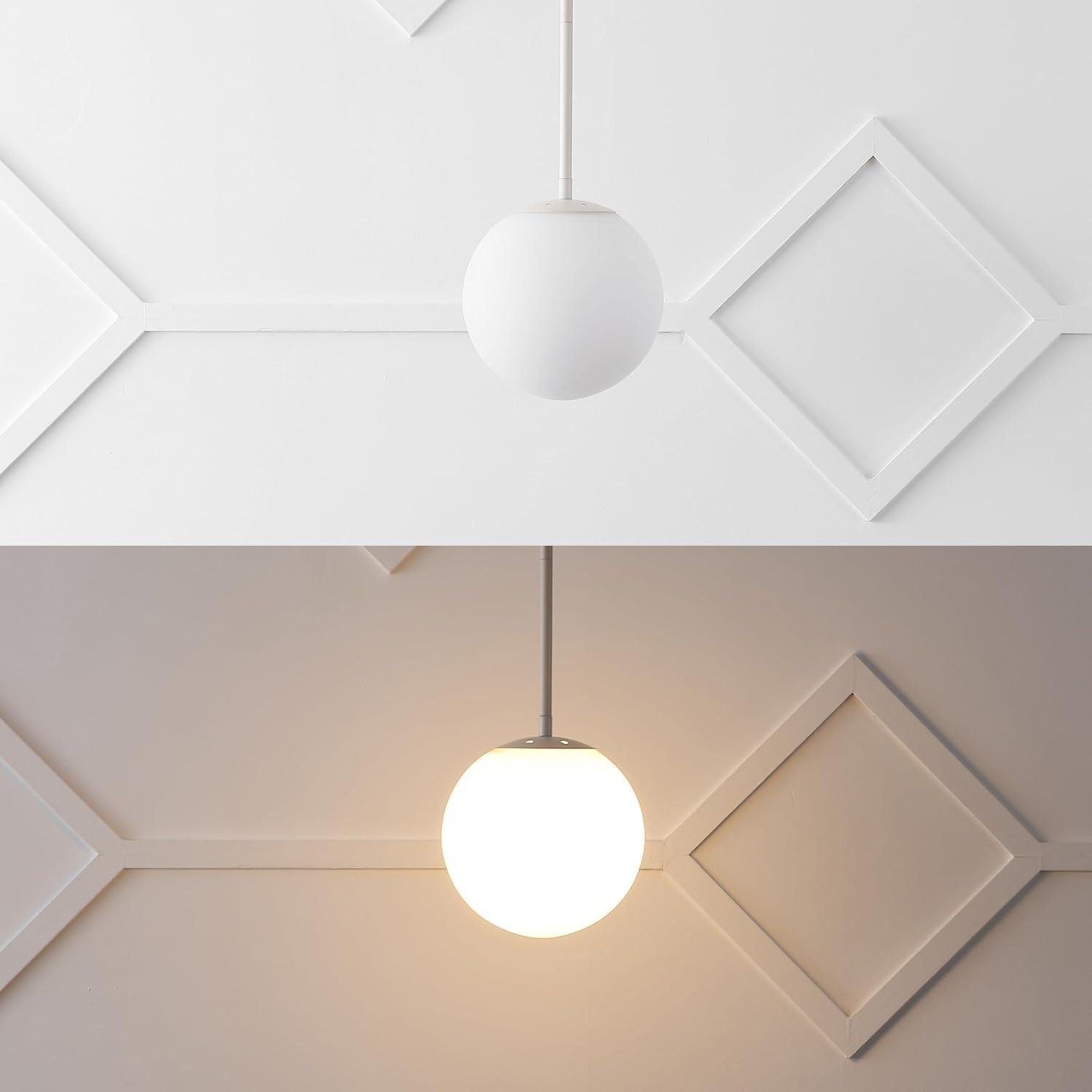 Bleecker 7.75" Metal/Glass Globe LED Pendant, White/Brass
