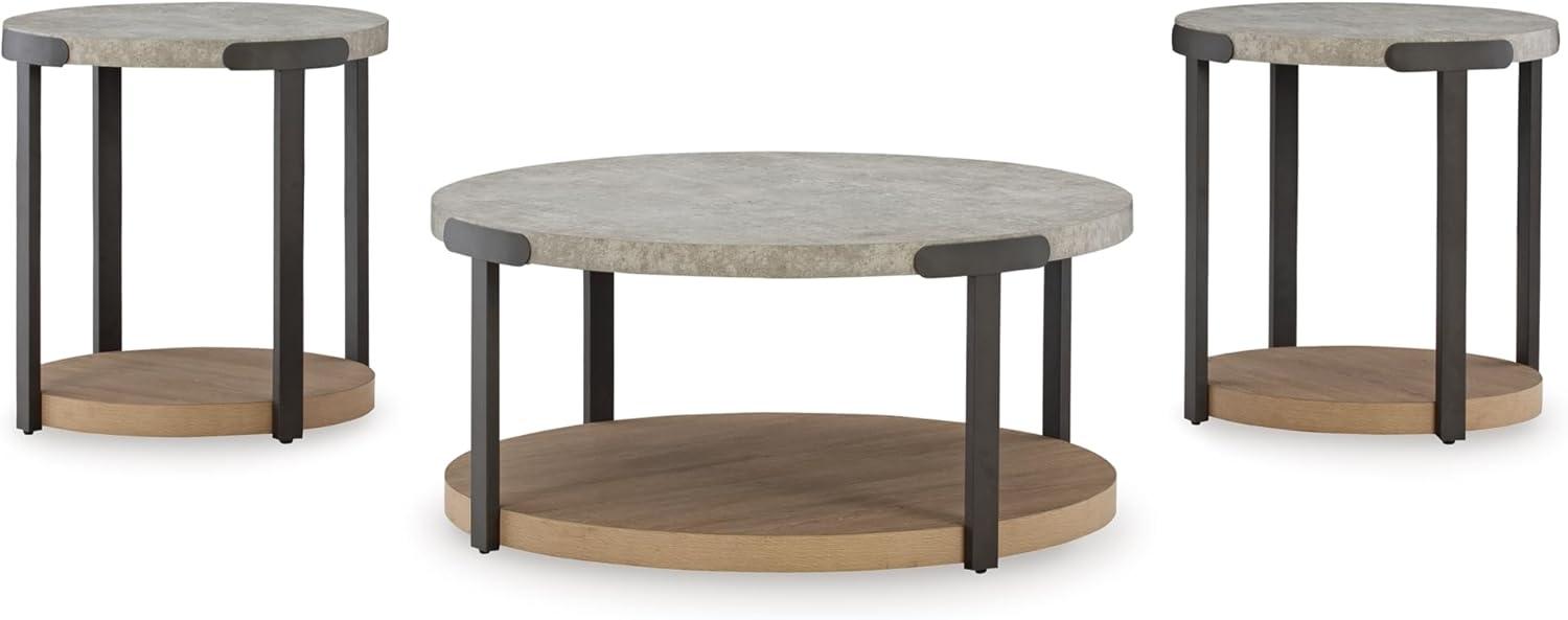 Round Light Brown and Gray MDF Metal Table Set with Lower Shelf