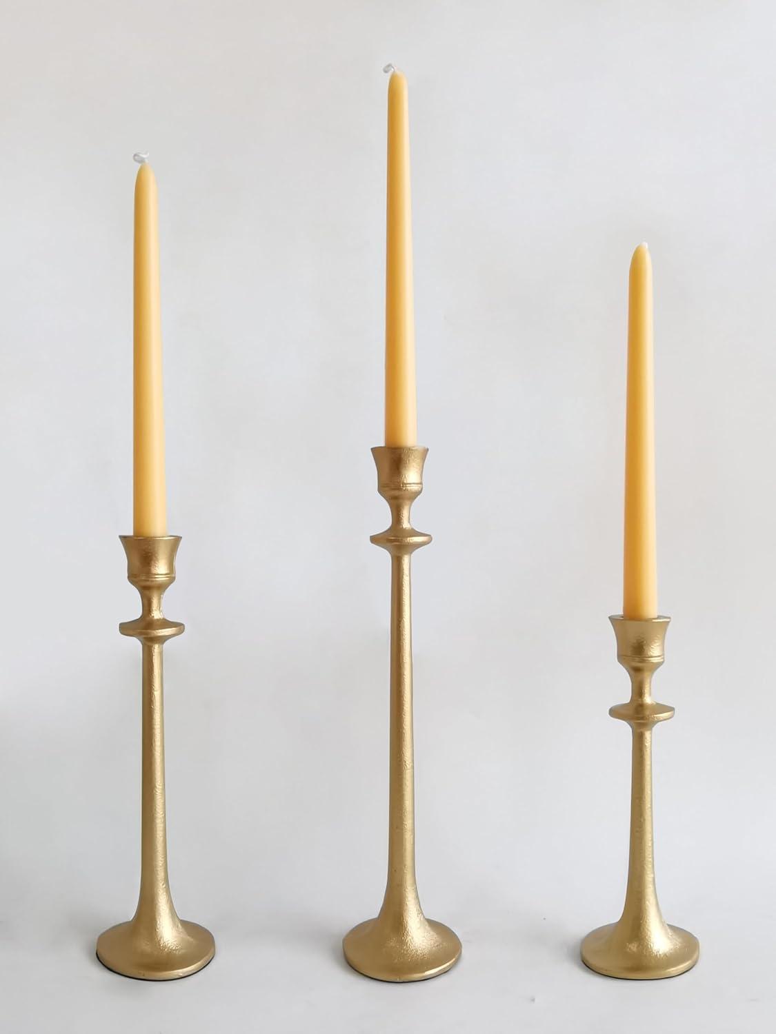 Set of 3 Antique Brass Iron Taper Candle Holders