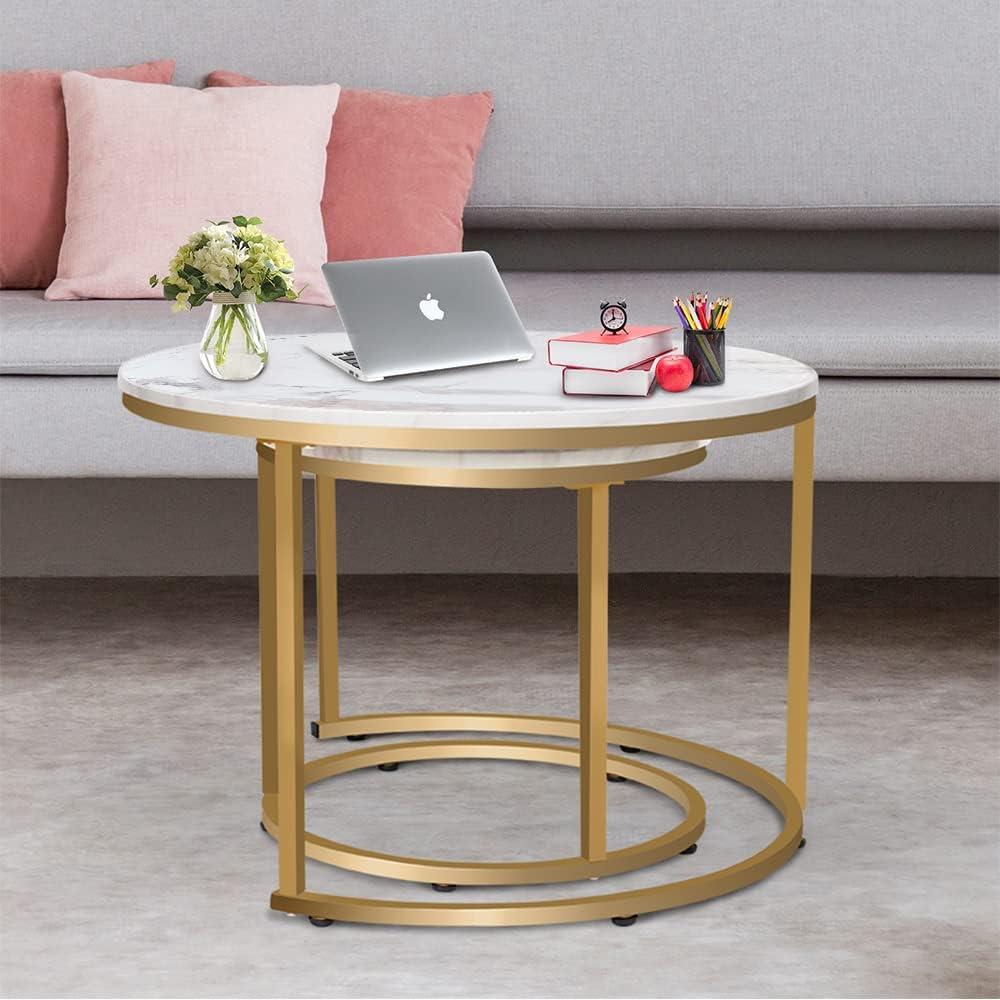 White Marble and Gold Round Nesting Coffee Table Set