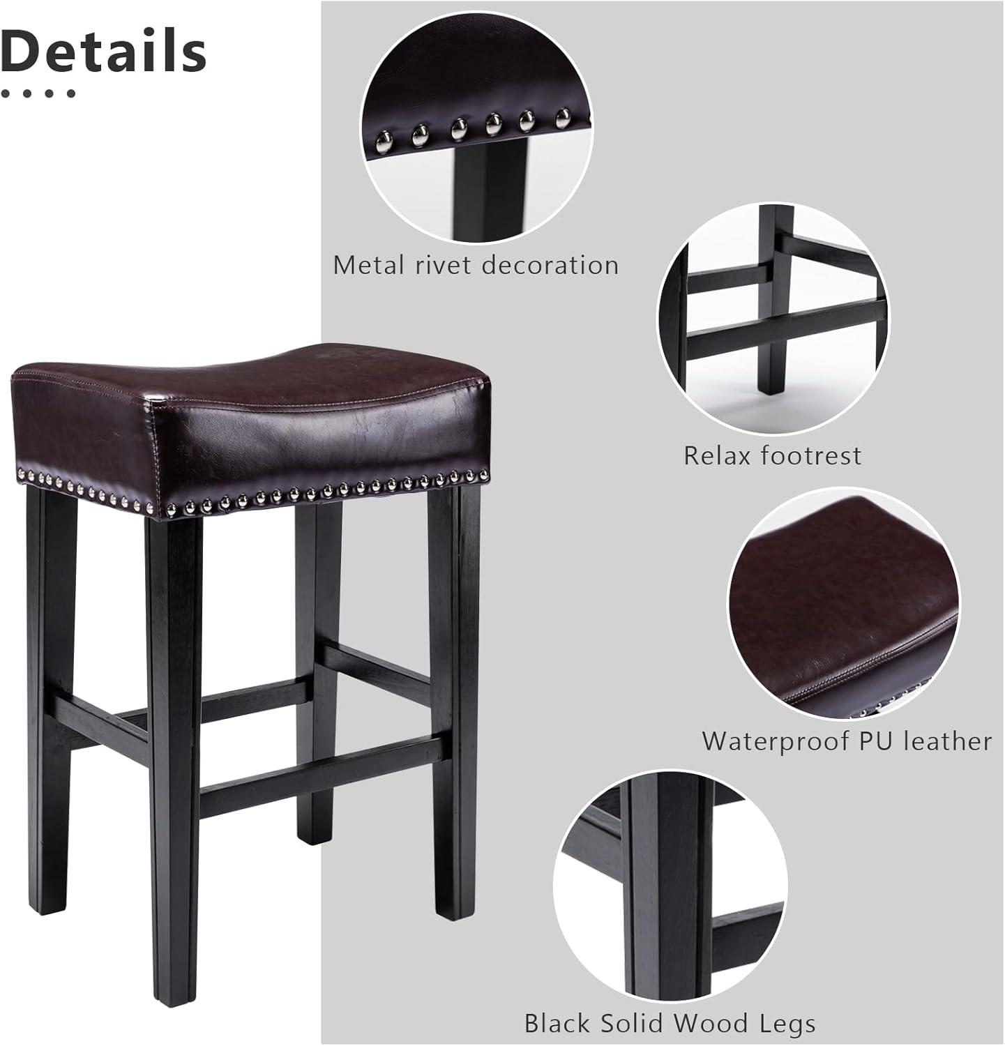 Bar Stools Set of 2, 26" Faux PU Leather Upholstered Counter Height Backless Saddle Stools with Nailhead Trims and Solid Wood Legs Farmhouse Island Chairs for Kitchen Dining Room Pub, Gray
