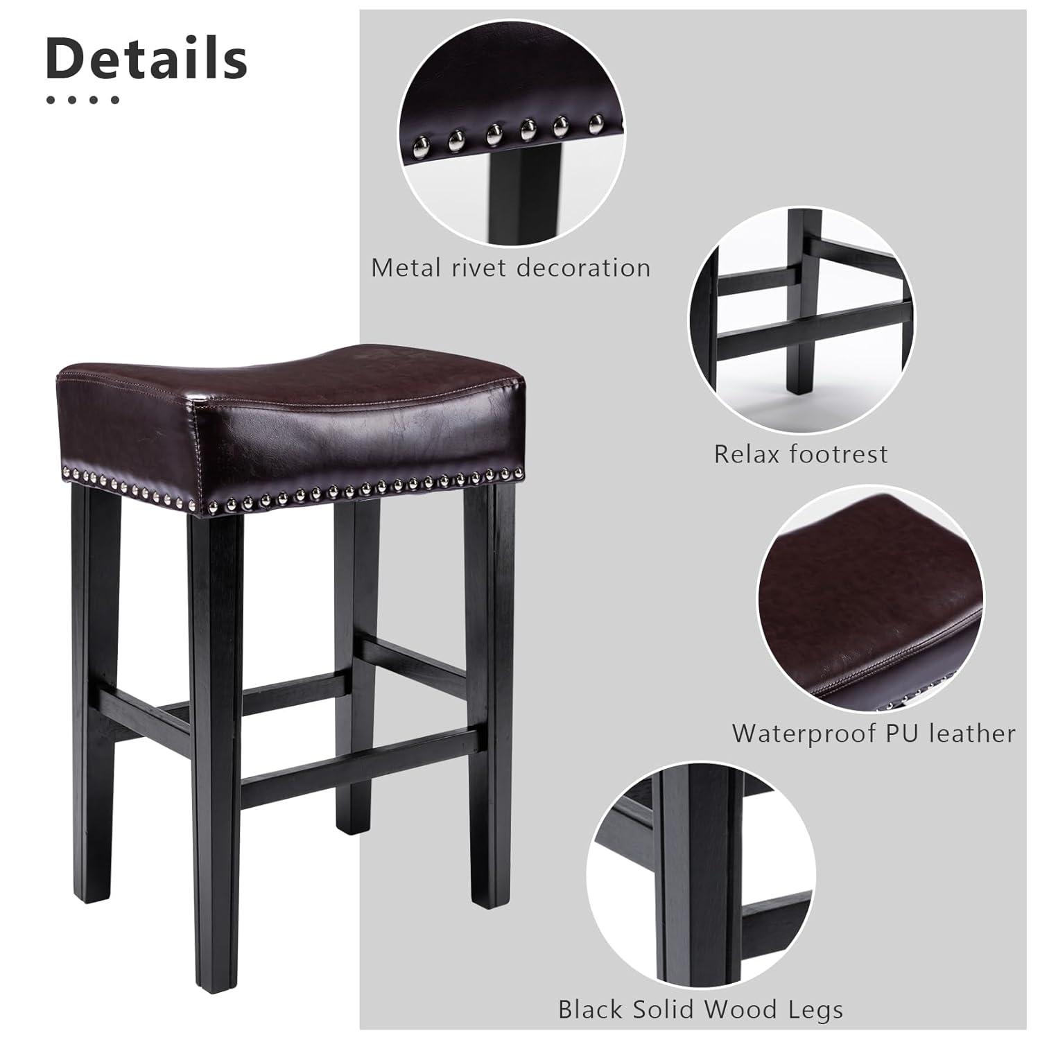 Bar Stools Set of 2, 26" Faux PU Leather Upholstered Counter Height Backless Saddle Stools with Nailhead Trims and Solid Wood Legs Farmhouse Island Chairs for Kitchen Dining Room Pub, Gray