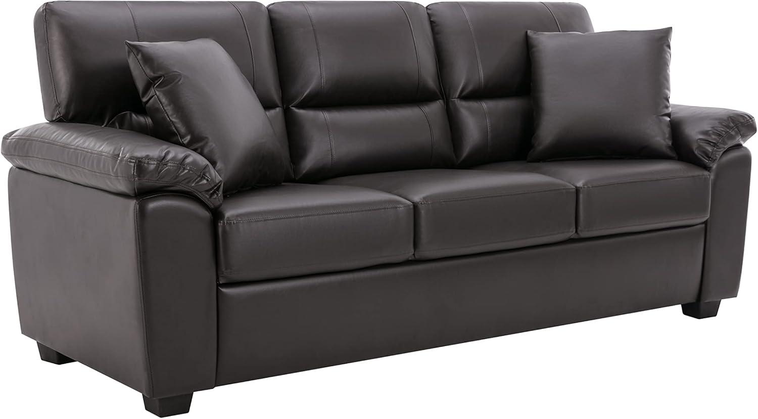 Chocolate Faux Leather Three-Seater Sofa with Removable Cushions