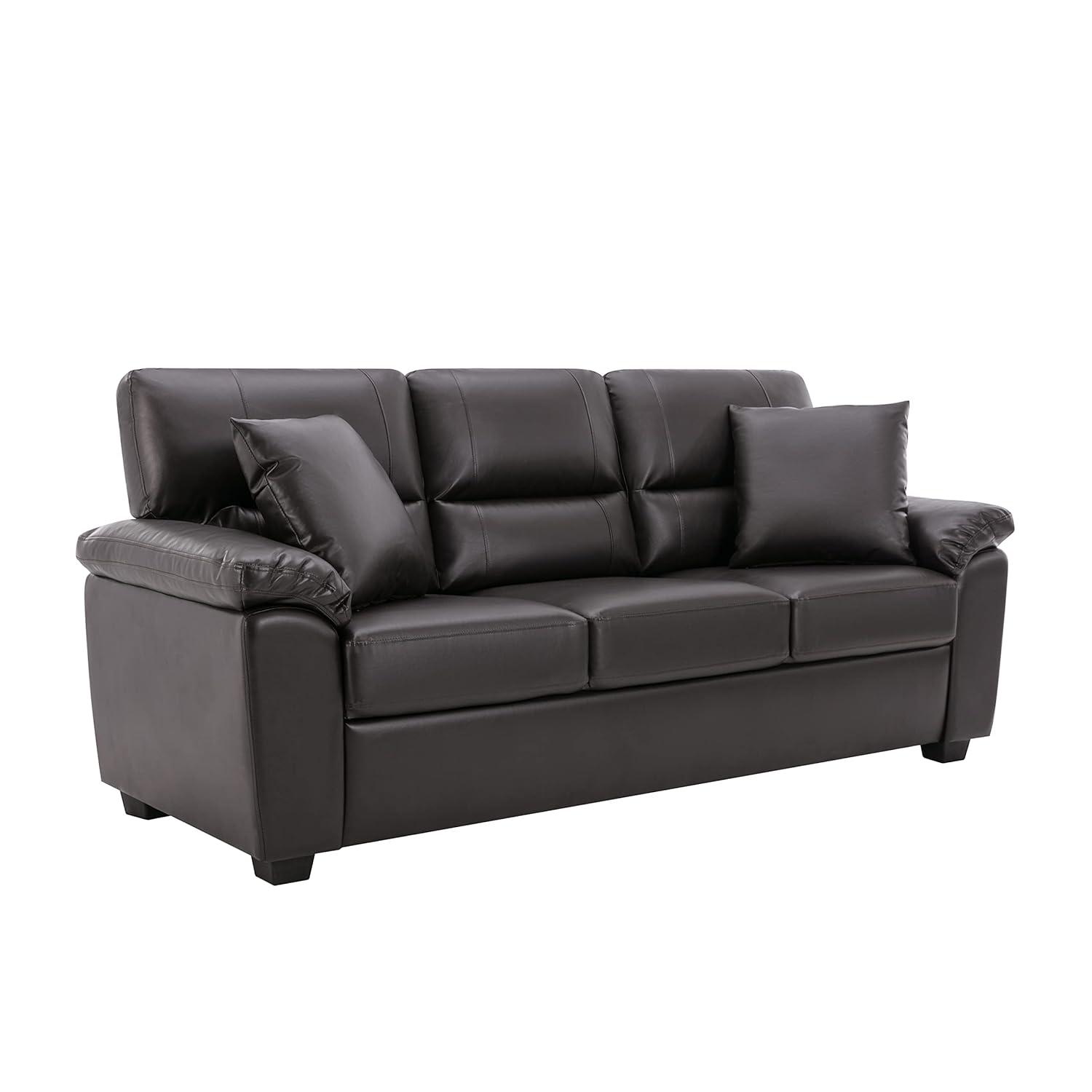 Chocolate Faux Leather Three-Seater Sofa with Removable Cushions