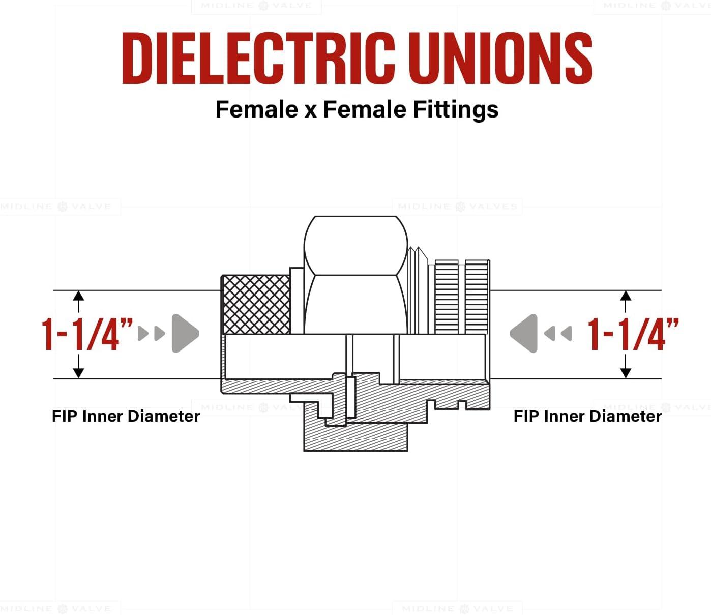 Midline Valve EVGG0114-OM Dielectric Union Pipe Fitting 1-1/4 in. FIP Reduces Electrolysis Brass x Stainless Steel