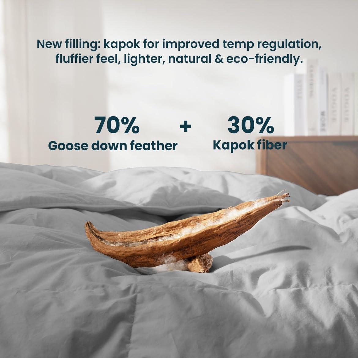 WarmKiss Queen Size Goose Feather Down Comforter – Ultra-Soft 100% Cotton Cover, Moisture-Wicking, Natural Kapok Fill, 46oz Medium Warmth, All-Season Fluffy Duvet Insert (90x90, Grey)