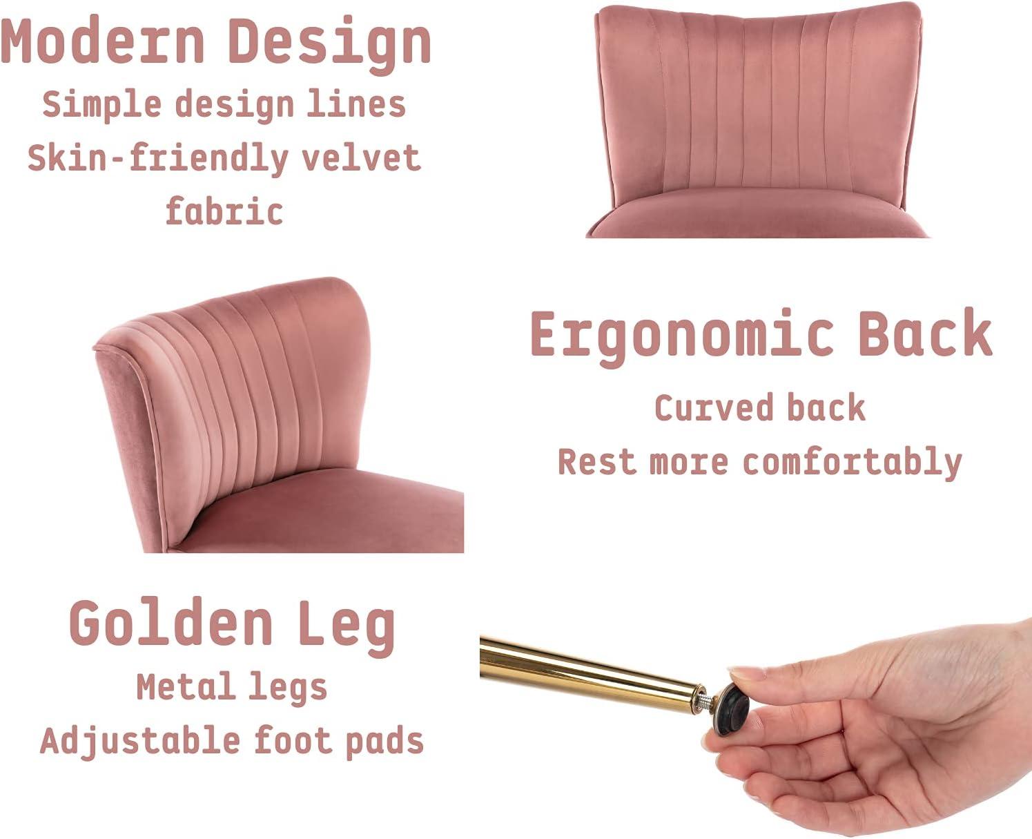 Guyou Modern Accent Chair Set of 2, Armless Slipper Chair Velvet Upholstered Lounge Chair, Wingback Single Sofa Side Chair with Gold Legs for Living Room Bedroom, Pink