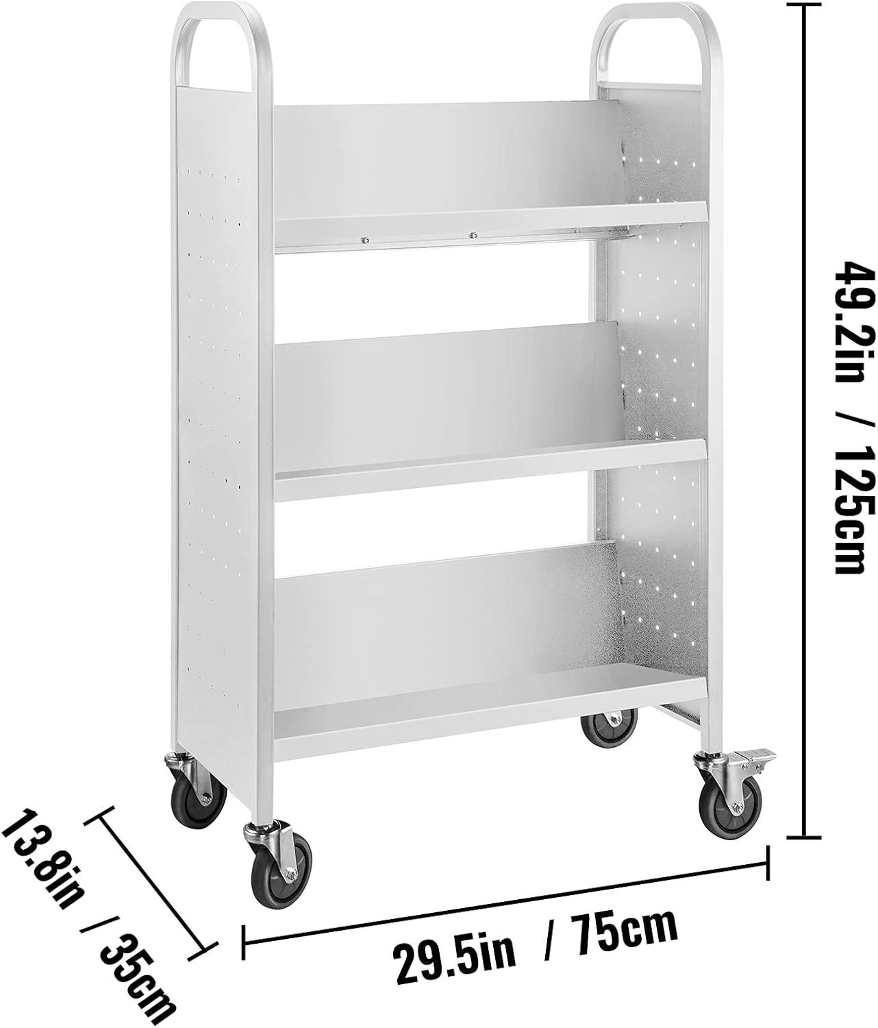 White Alloy Steel Rolling Book Cart with Built-In Shelf