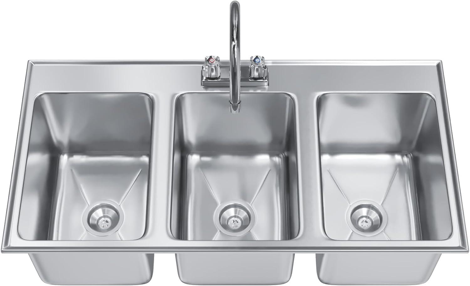 37" L x 18" W Stainless Steel 3 Compartment Drop in Sink