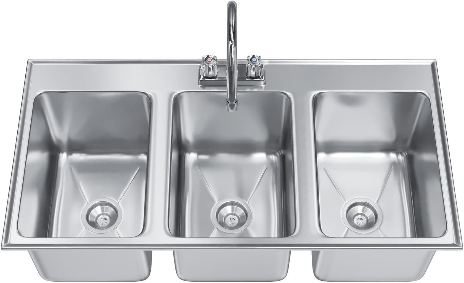 37" L x 18" W Stainless Steel 3 Compartment Drop in Sink
