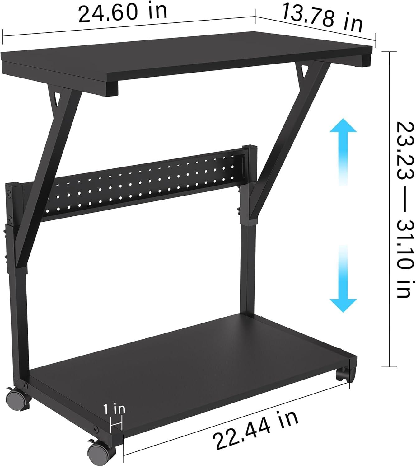 Computer Tower Cart - Height Adjustable PC Stand, 2-Tier ATX-Case CPU Holder Home Office Gaming Desk Accessories with Rolling Lockable Wheels, Laptop Table Standing Computer Desk, Rustic Black