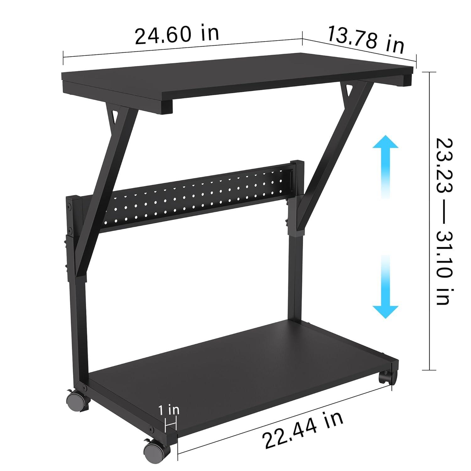 Computer Tower Cart - Height Adjustable PC Stand, 2-Tier ATX-Case CPU Holder Home Office Gaming Desk Accessories with Rolling Lockable Wheels, Laptop Table Standing Computer Desk, Rustic Black