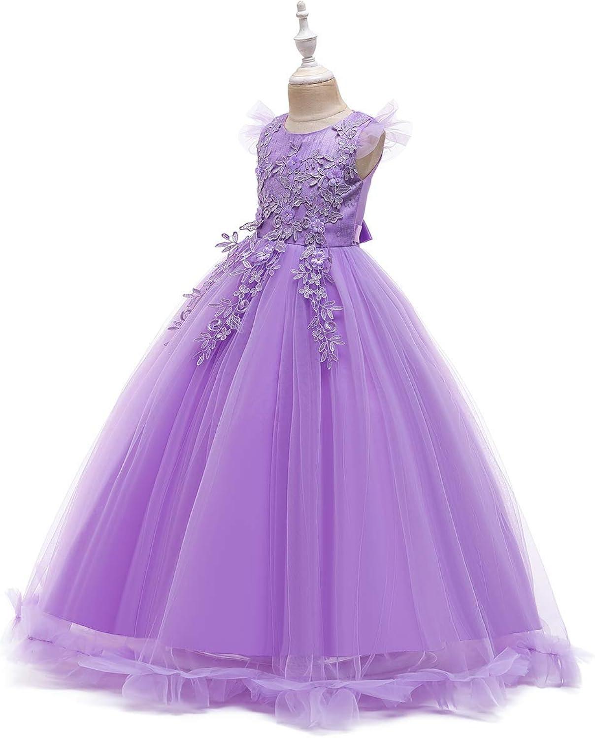 IBTOM CASTLE Flower Girl Princess Floral Boho Lace Embroidered Pageant Dresses for Kids Party Wedding Puffy Communion Maxi Gown 11-12 Years Purple