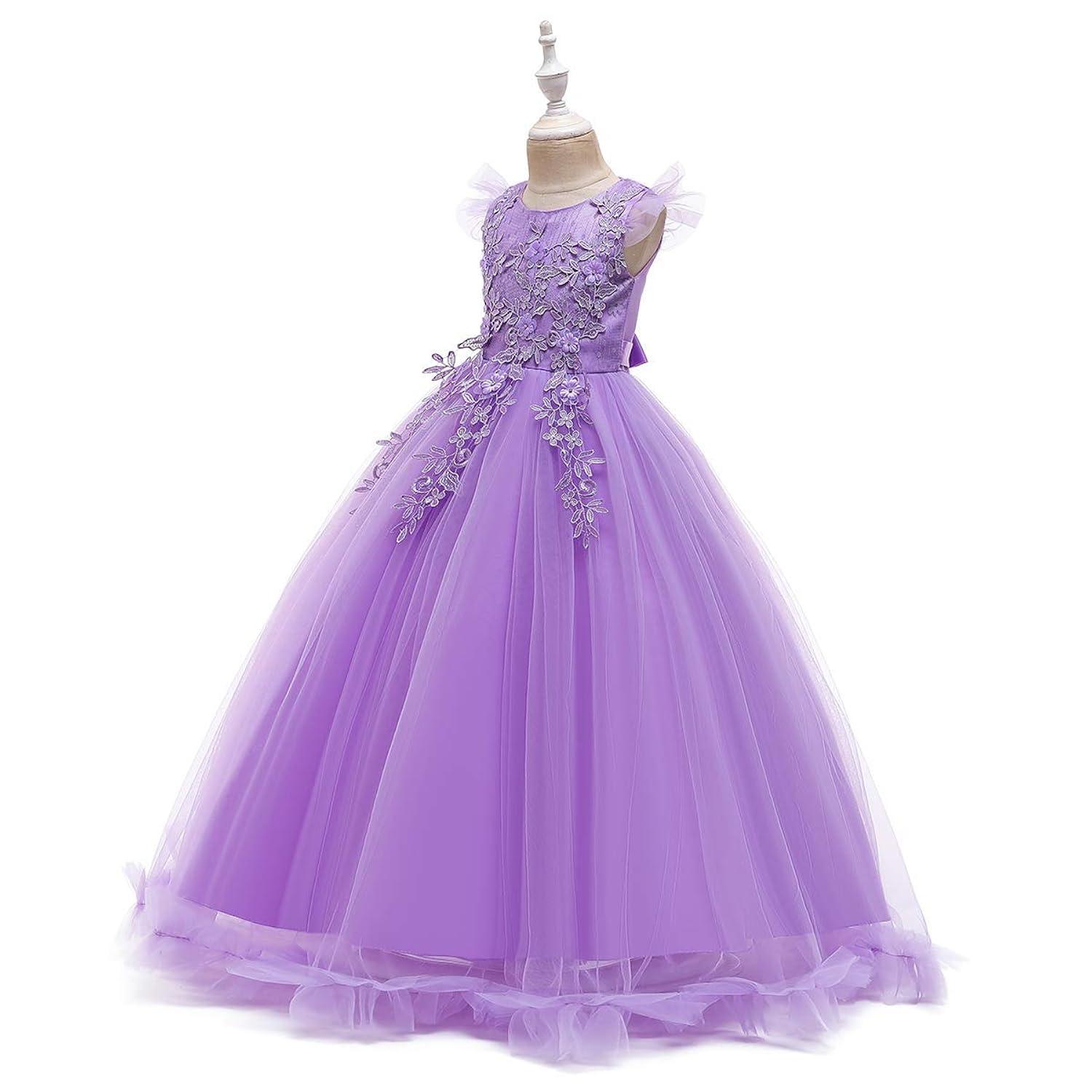 IBTOM CASTLE Vestidos de Desfile Bordados de Encaje Bohemio Floral de Princesa para Fiesta de Niños Boda Vestido Largo de Comunión Hinchado 11-12 Años Púrpura