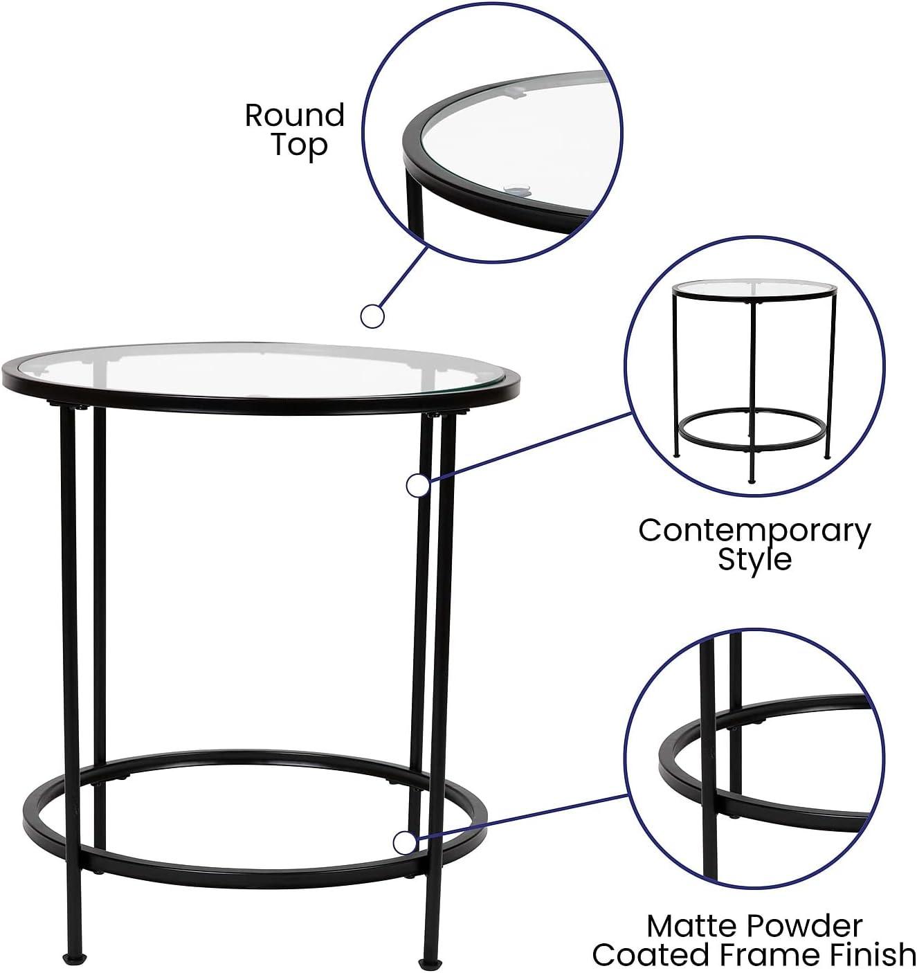 Flash Furniture Astoria Collection Round End Table - Modern Clear Glass Accent Table with Matte Black Frame