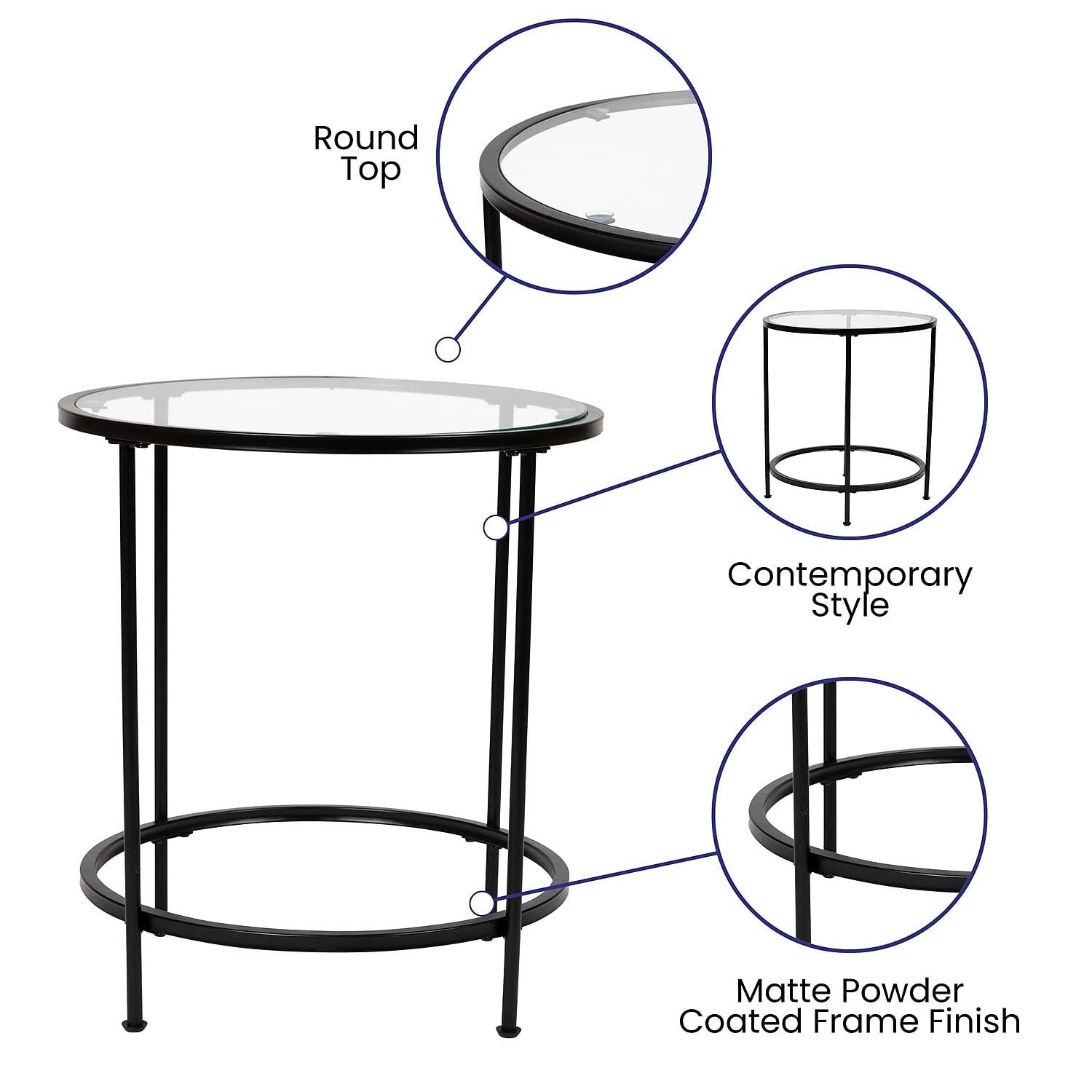 Flash Furniture Astoria Collection Round End Table - Modern Clear Glass Accent Table with Matte Black Frame