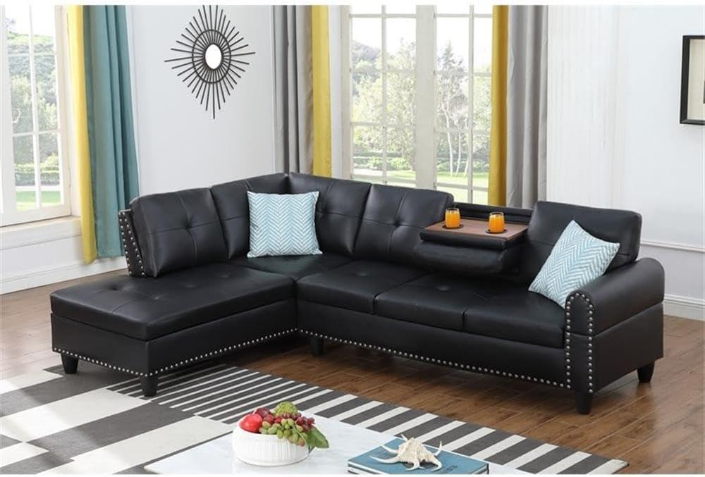 Devion Furniture Contemporary Faux Leather Nailhead Trim L Shaped Sectional Sofa Set Black
