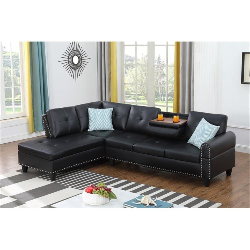 Devion Furniture Contemporary Faux Leather Nailhead Trim L Shaped Sectional Sofa Set Black