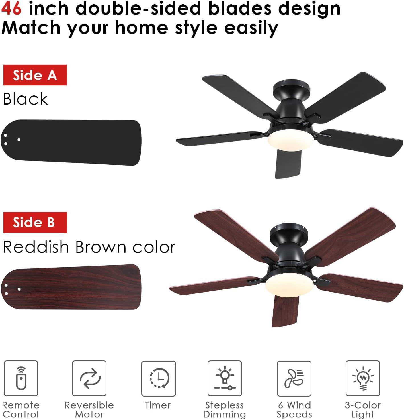 46" Low Profile Indoor Ceiling Fan with Light and Remote/APP Control, Flush Mount, LED Dimmable DC Reversible Modern Ceiling Fan for Bedroom - Black