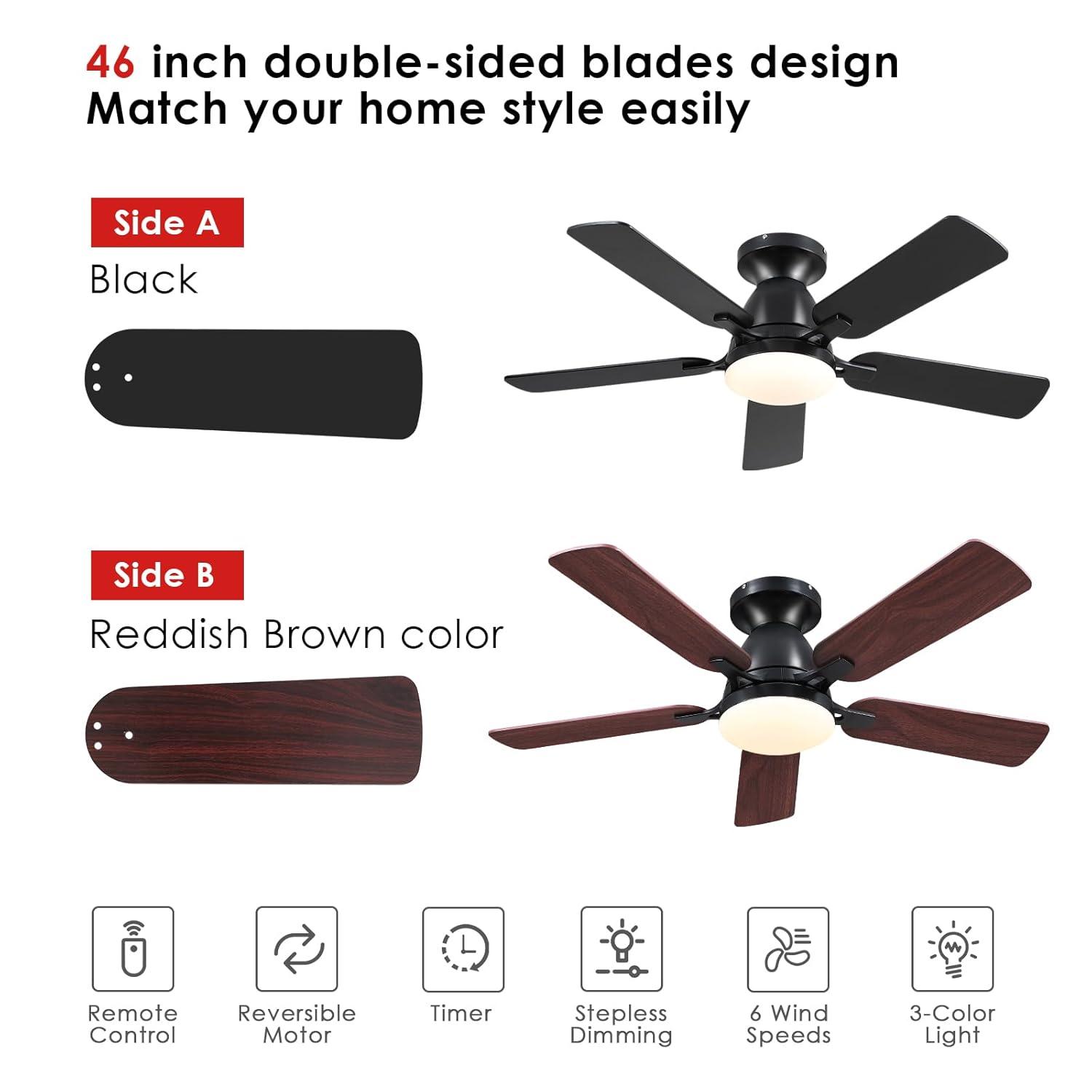46" Low Profile Indoor Ceiling Fan with Light and Remote/APP Control, Flush Mount, LED Dimmable DC Reversible Modern Ceiling Fan for Bedroom - Black