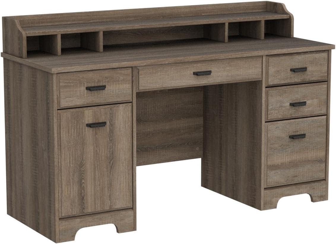 Executive Weathered Oak Computer Desk with Power Outlet and Storage