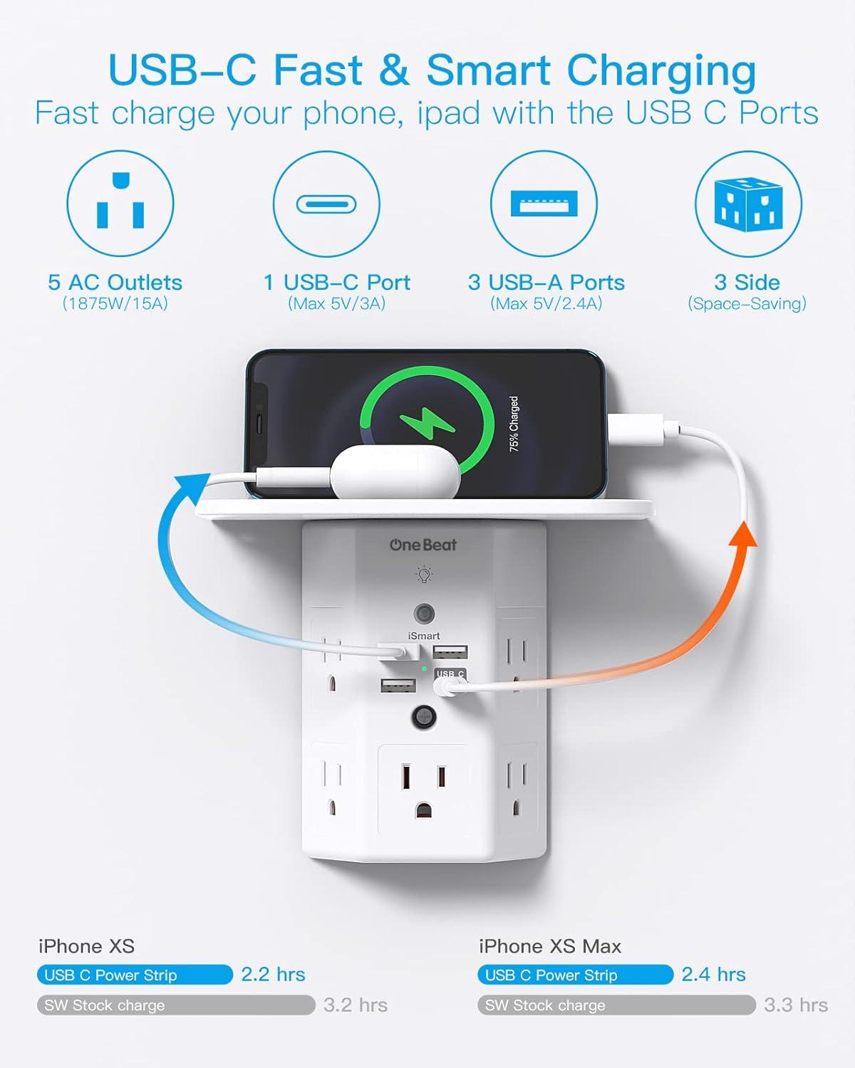 Multi Plug Outlets, Wall Outlet Extender with Night Light and Outlet Shelf, Surge Protector 4 USB Ports(1 USB C), USB Wall Charger Power Strip Electric Outlet Splitter for Home Office White