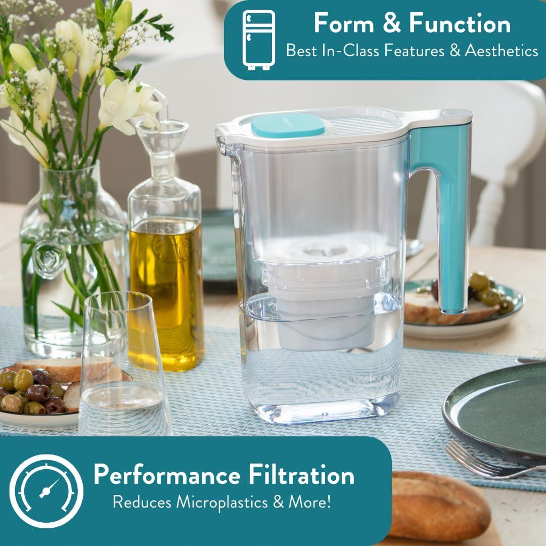 Perfect Pour Large 10 Cup Water Filter Pitcher By Aqua Optima, Ergonomic, Eliminates Splashes And Spills, Bpa Free, Wqa Certified, Includes 3 Evolve+ Water Filters, Teal