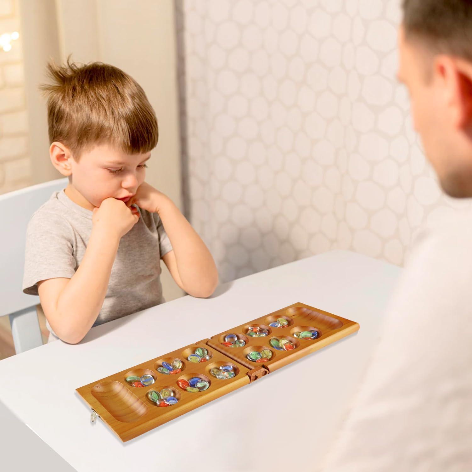 Folding Oak Mancala Board Game with Multicolor Glass Stones