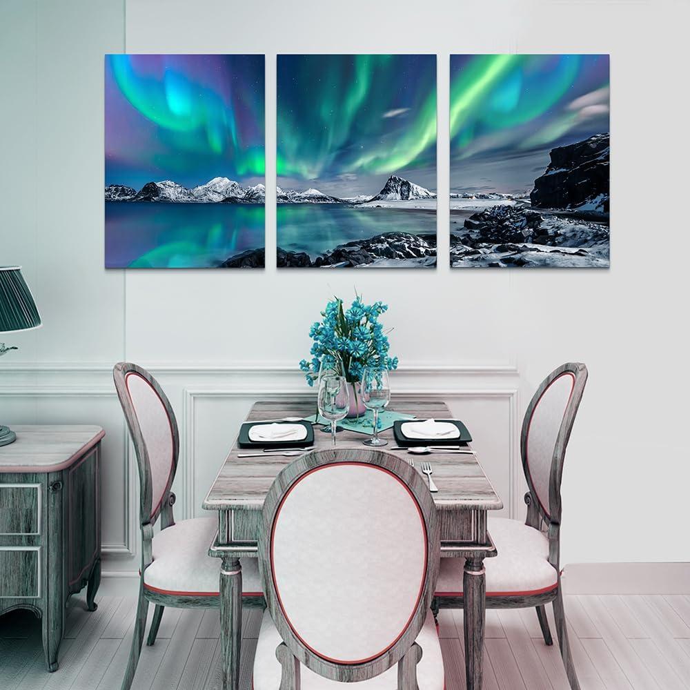 Farmhouse Canvas Wall Art For Bedroom Wall Decorations For Living Room Office Wall Decor Aurora Scenery Painting On Stretched And Framed Wall Pictures 3 Piece Ready To Hang For Bathroom Home Decor