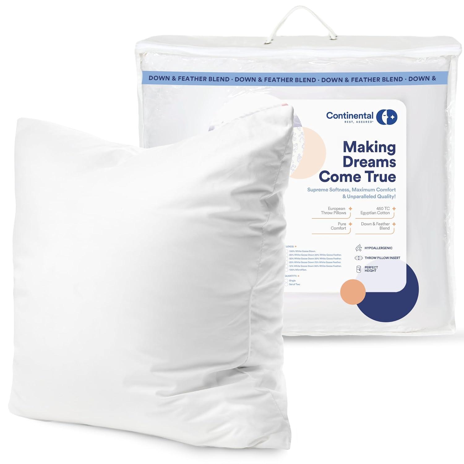 Continental Bedding Square White Throw Pillow Insert 1 Pack - 100% Cotton Cover, Microfiber Down Alternative Fill, Multiple Sizes