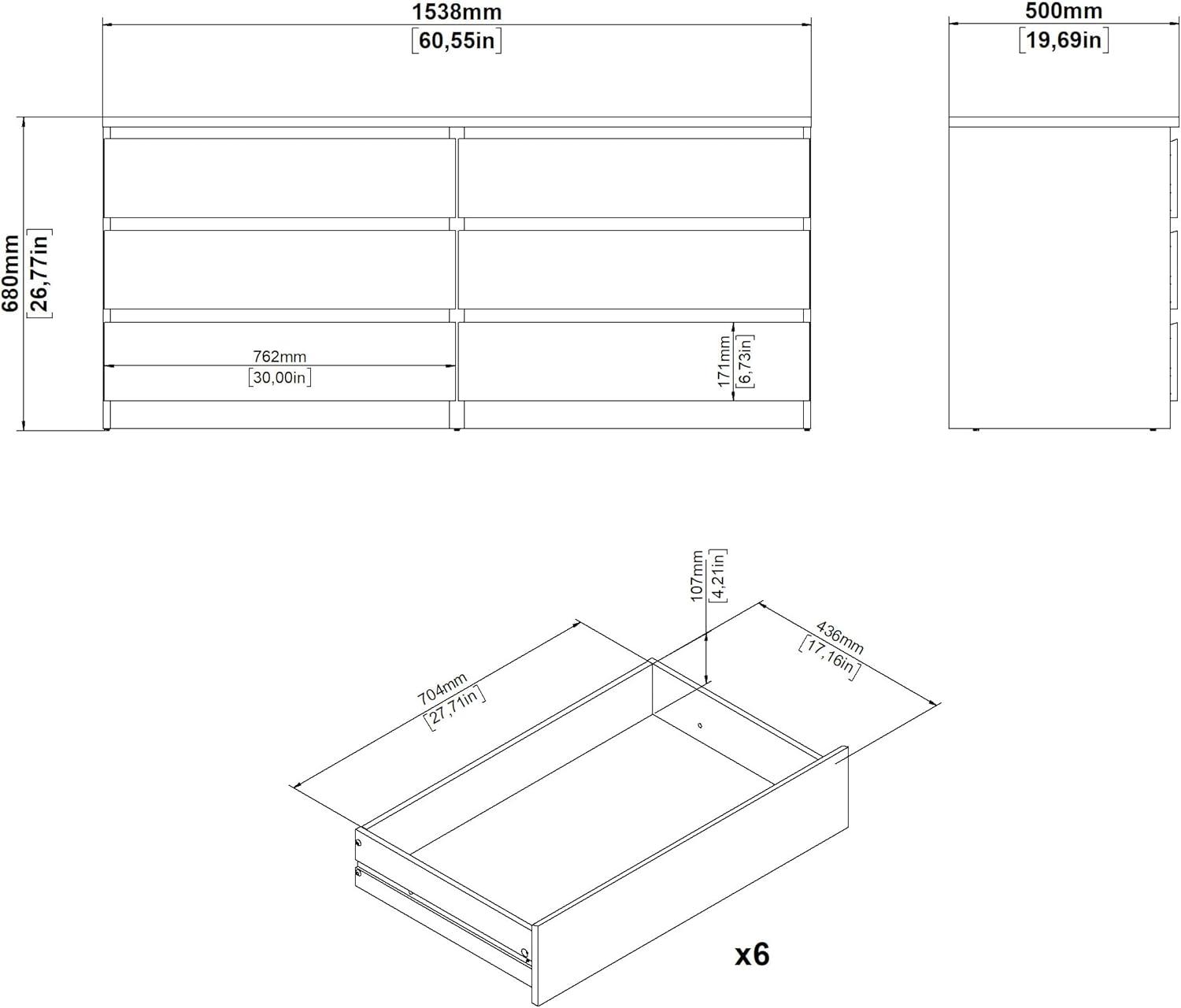 Sleek White High Gloss 6-Drawer Modern Double Dresser