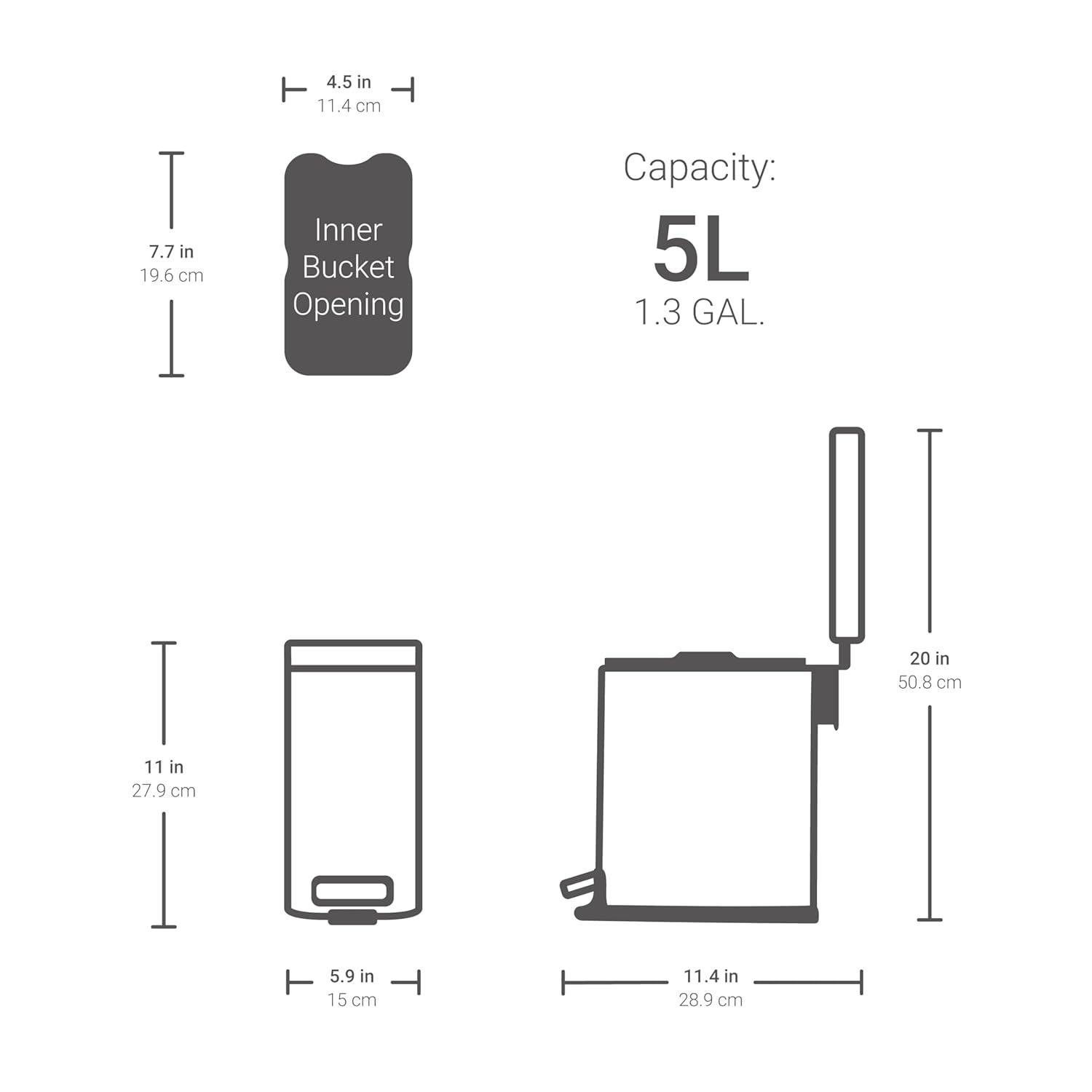 Slim Stainless Steel Step-On Trash Can Set, 1.3 Gallon