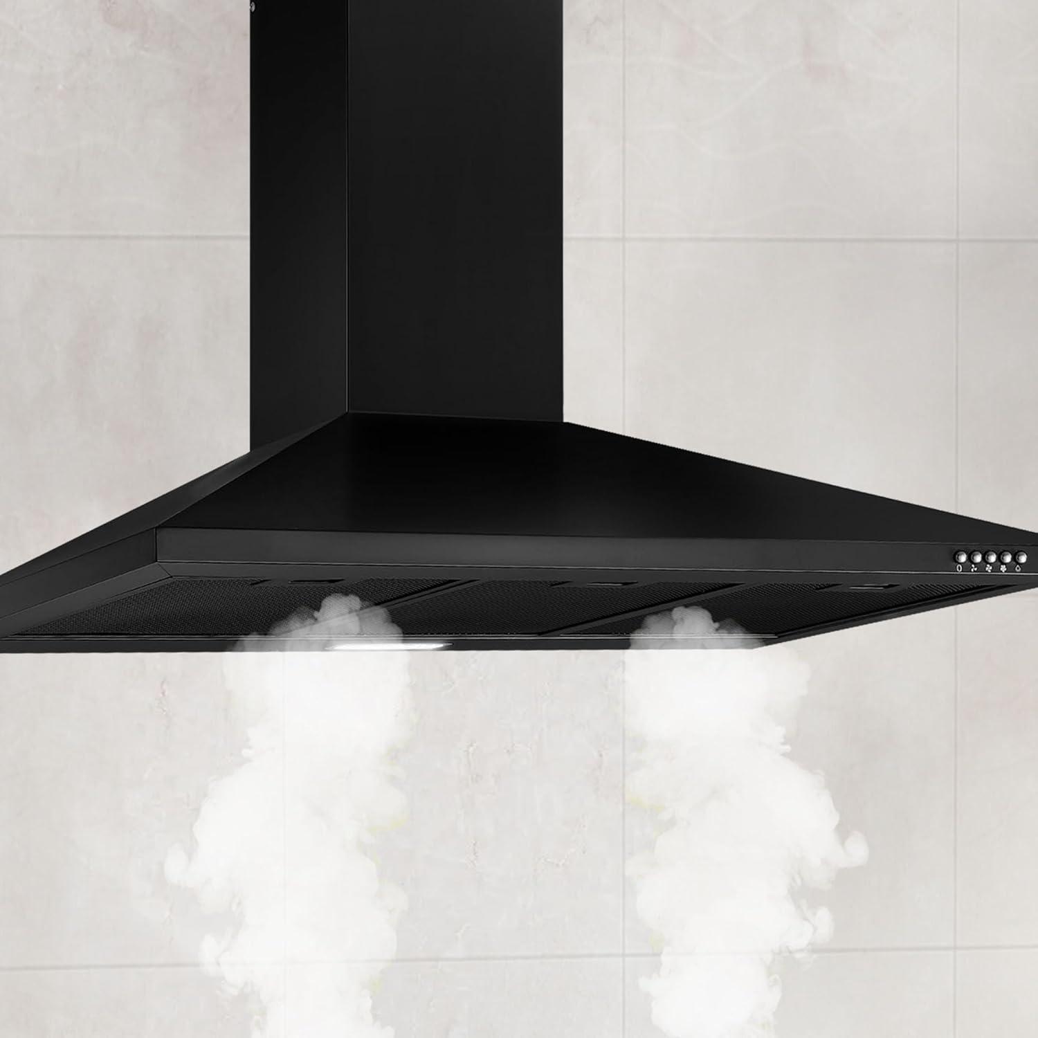 36 Inch Black Range Hood, 450 CFM Stainless Steel Wall Mount Kitchen Hood with Ducted Ductless Convertible, Button Control Over Stove Vent Hood with 3 Speed Noiseless Fan, LED Light (450CFM)