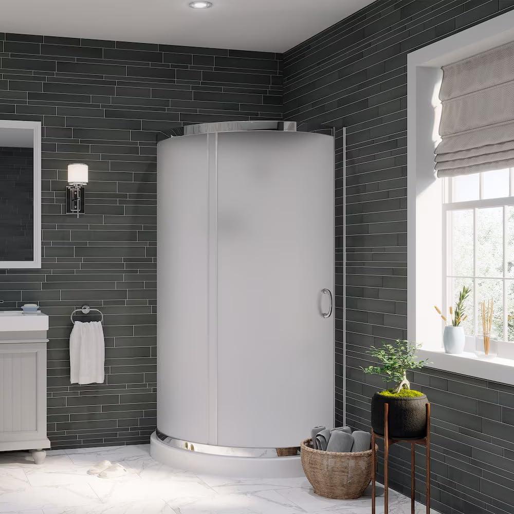 OVE Decors Breeze 40 in. Framed Round Shower Kit w/ Frosted Glass, Base, Wall in Chrome Finish