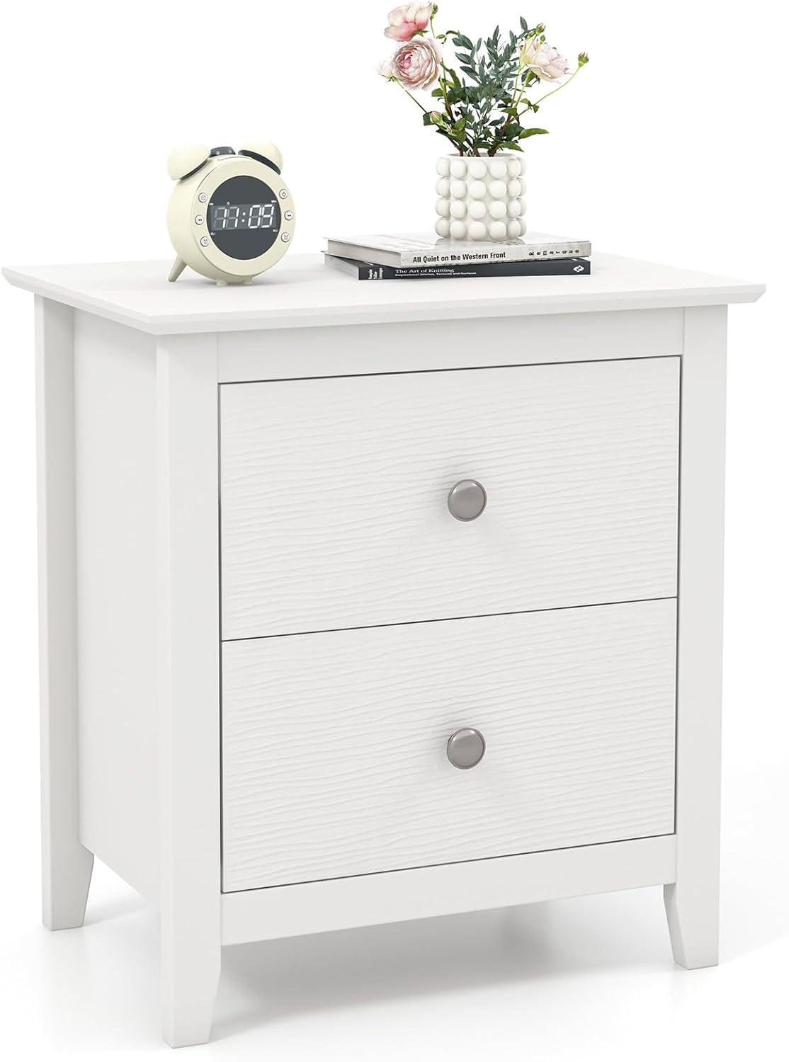 Tangkula Modern Nightstand with Storage 2 Drawers & Support Legs for Bedroom White