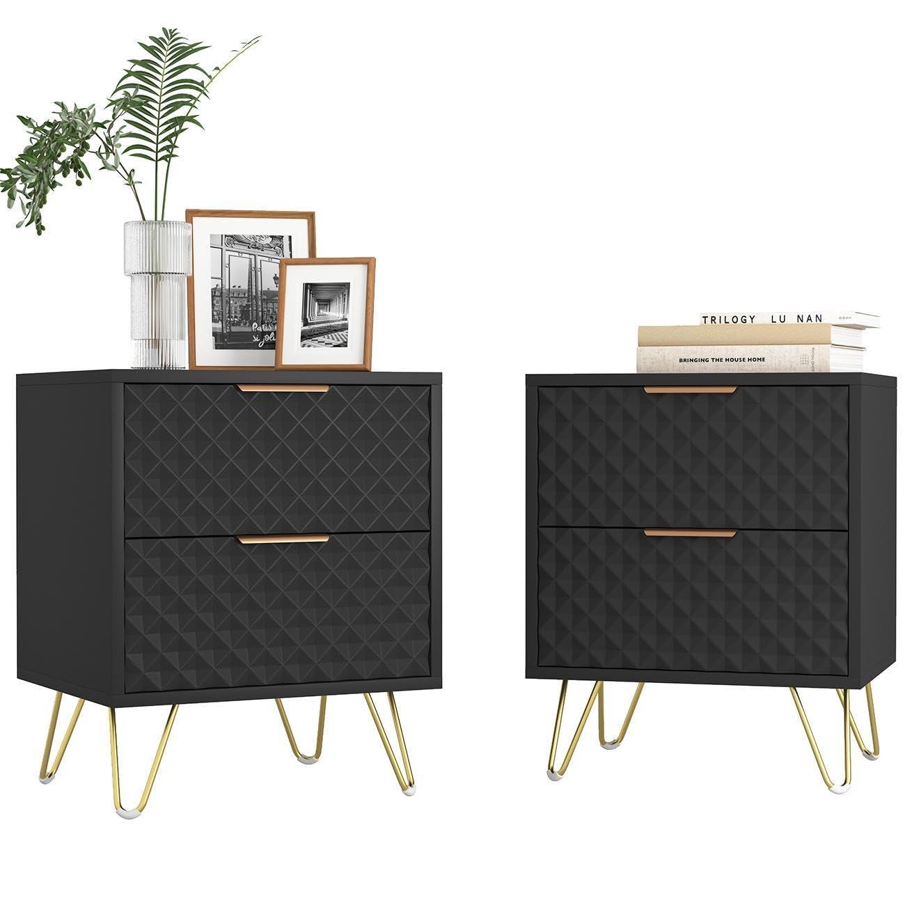 White and Gold Nightstand Set of 2,Modern Bedside Table with 2 Drawer for Bedroom,End Side Table with Gold Legs for Living Room,White Night Stand Set 2 for Bedroom