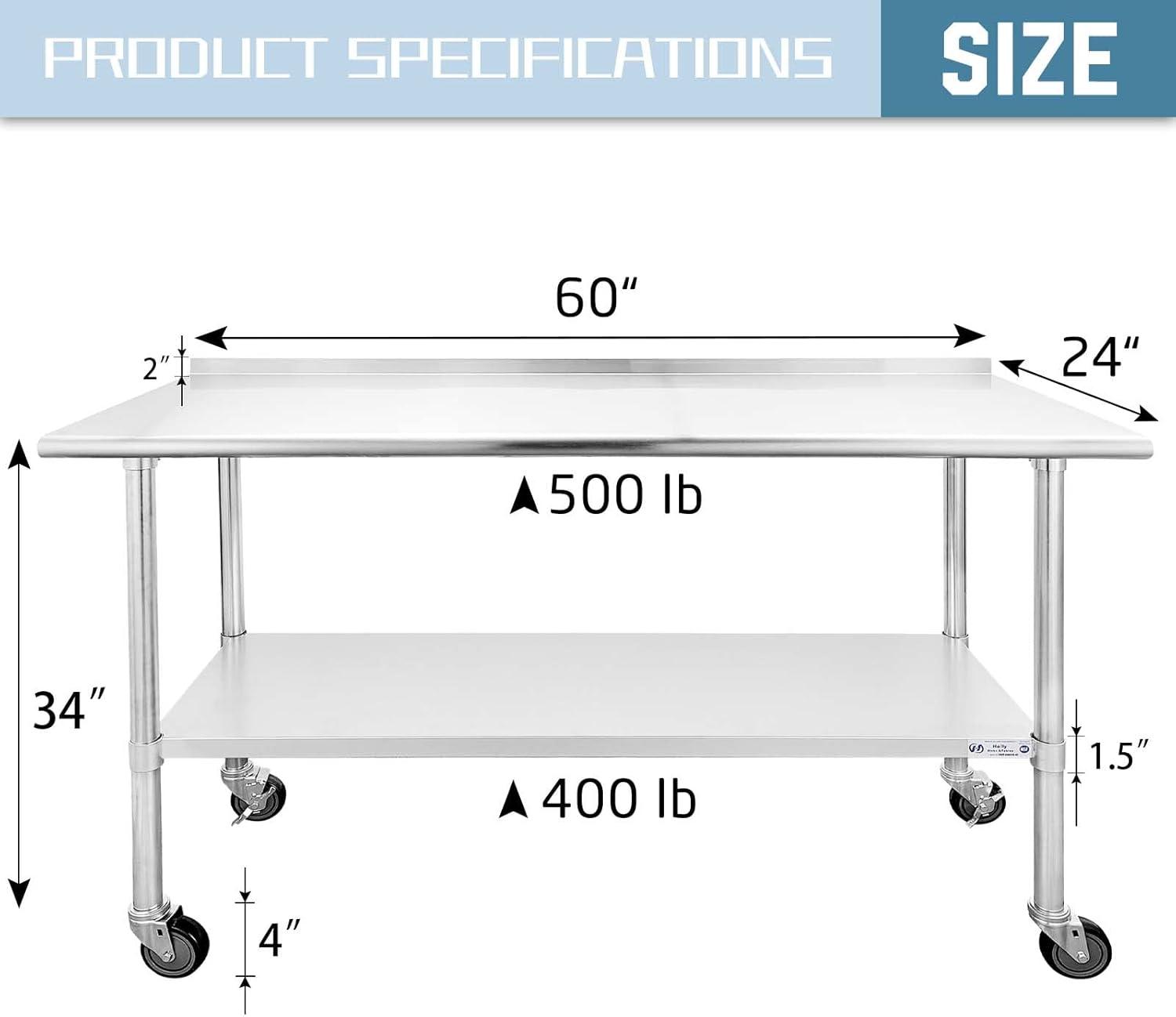 Stainless Steel Table with Wheels 24 x 60 Inches Metal Prep Table with Adjustable Undershelf for Commercial Kitchen, Outdoor, Restaurant, Hotel & Garage