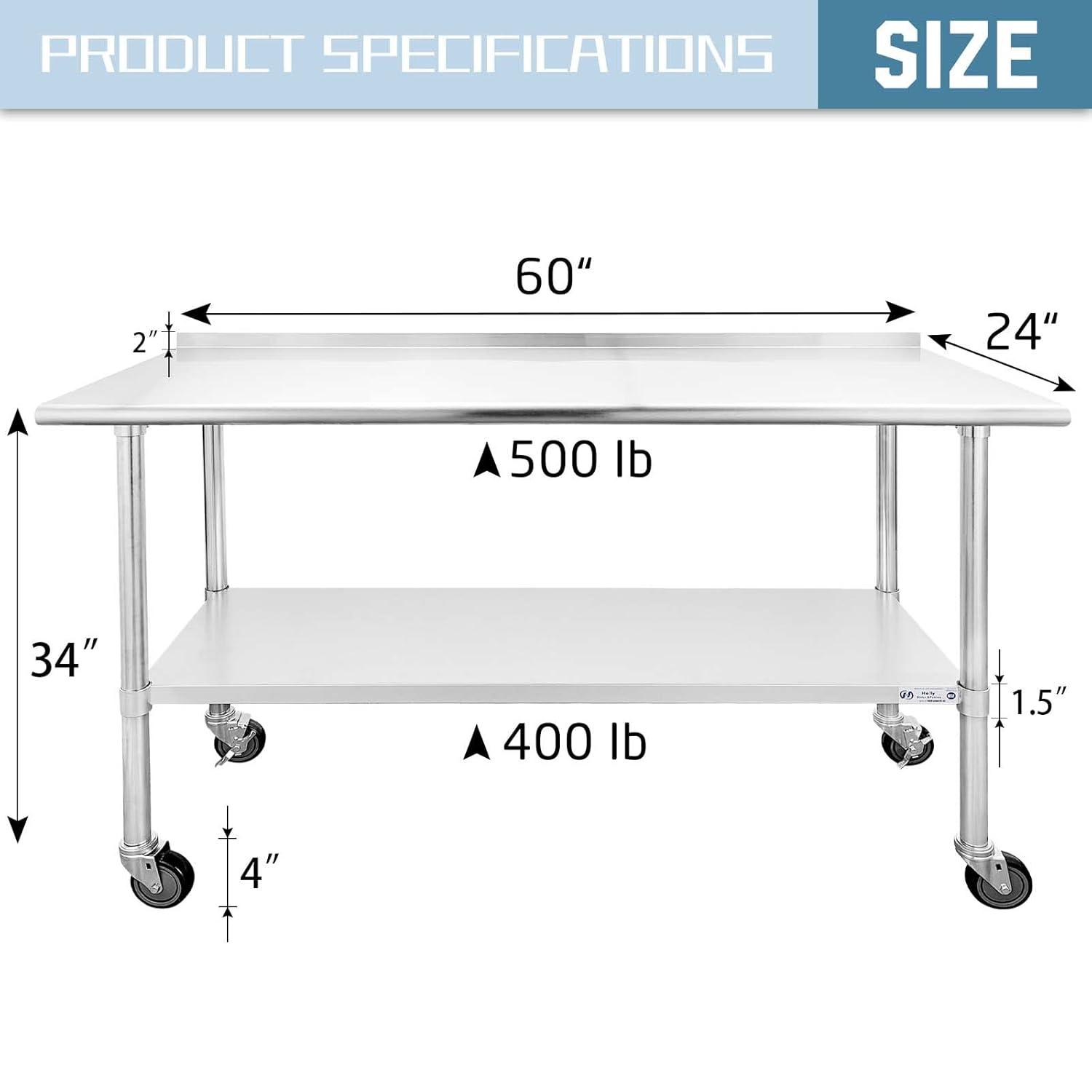 Stainless Steel Table with Wheels 24 x 60 Inches Metal Prep Table with Adjustable Undershelf for Commercial Kitchen, Outdoor, Restaurant, Hotel & Garage