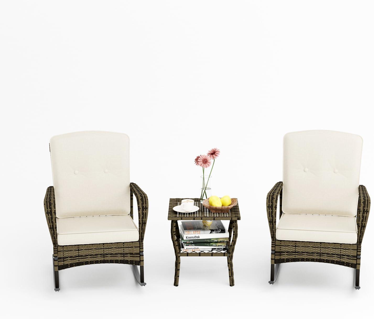 3 Pieces Patio Conversation Set, Outdoor Rocking Chair, Wicker Bistro Set, Outdoor Furniture with Porch Chairs and Coffee Table for Deck Garden Poolside, Beige