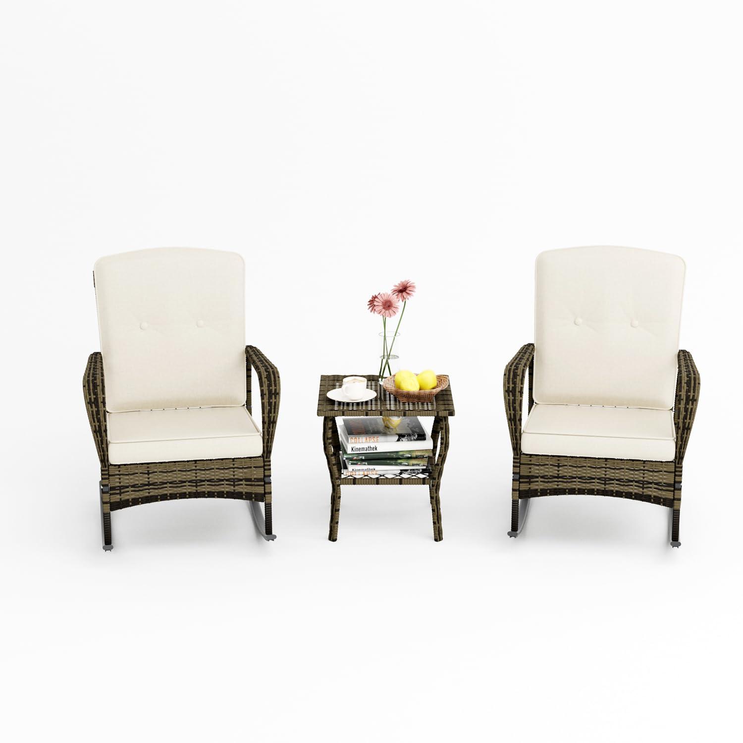 3 Pieces Patio Conversation Set, Outdoor Rocking Chair, Wicker Bistro Set, Outdoor Furniture with Porch Chairs and Coffee Table for Deck Garden Poolside, Beige