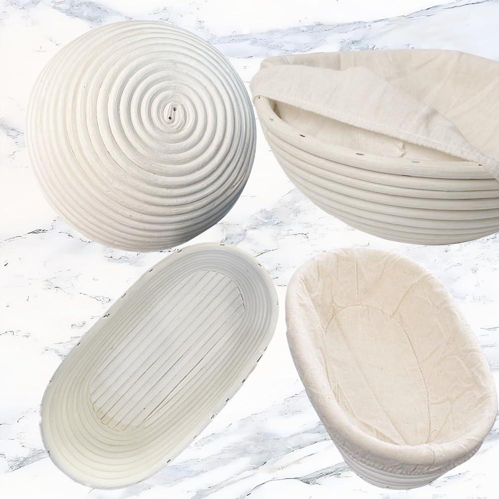 Bread Banneton Proofing Basket Set Of 2, 9 Inch Round & 10 Oval Cane Sourdough Baskets With Lame + Dough Scraper Linen Liner Basting Brush For Making Baking Fermentation