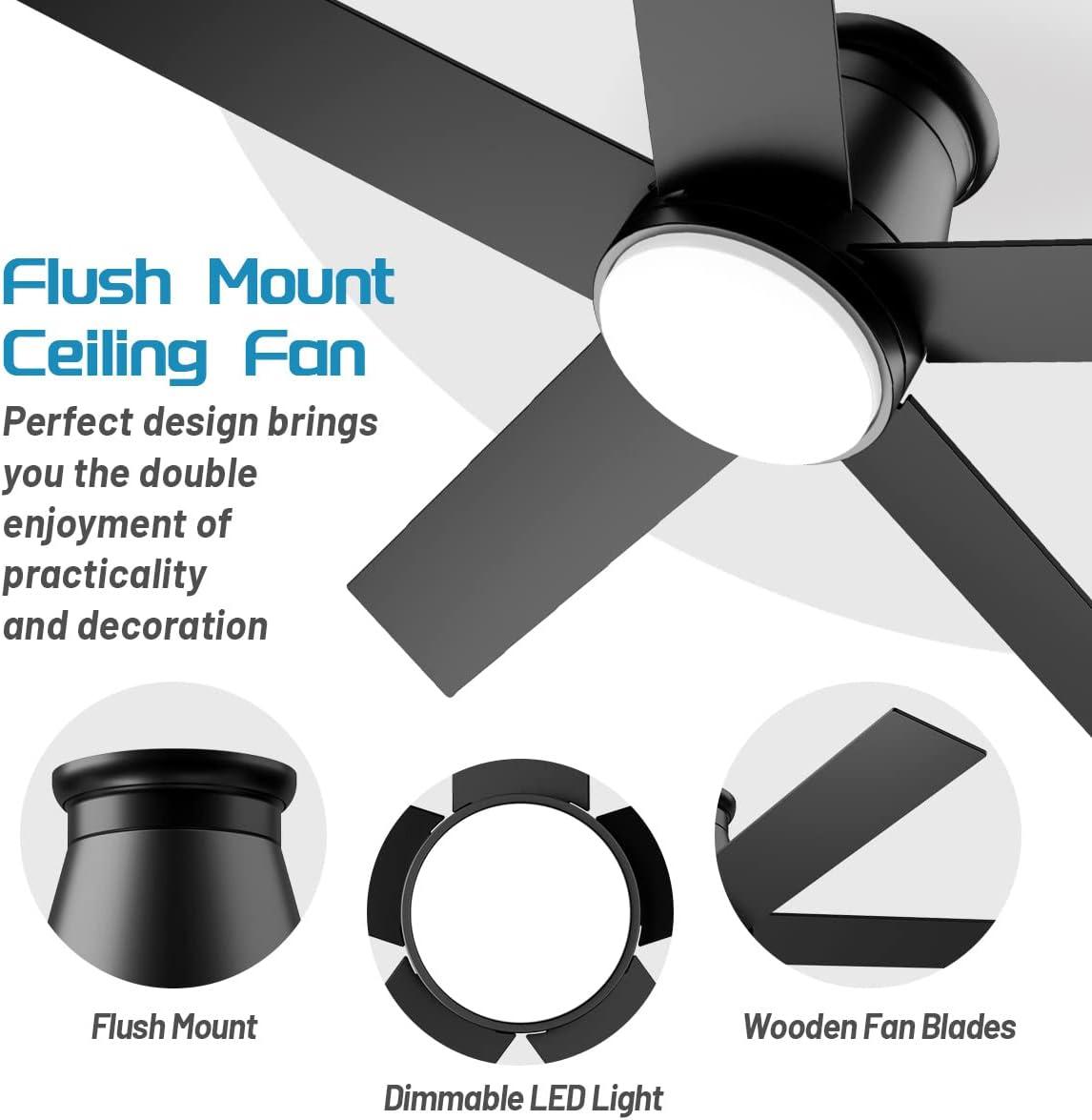 Low Profile 52" 5-Blades Indoor Flush Mount Ceiling Fan with Reversible DC Motor and Remote Control