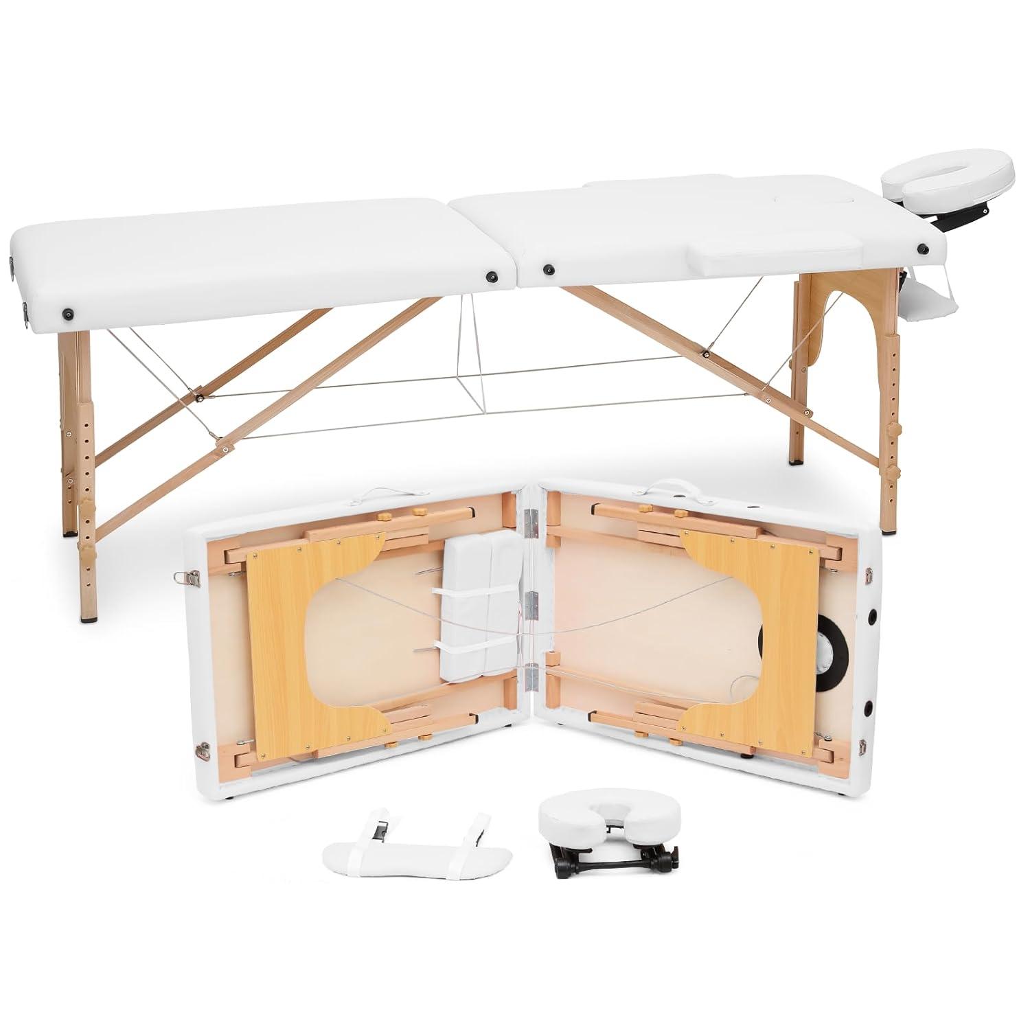MoNiBloom Portable Massage Table Spa Bed, 24.5" to 33.5" Height Adjustable Two Fold Massage Bed / Facial Salon Tattoo Bed with Carry Bag for Beauty Salon and Family, Beechwood, White