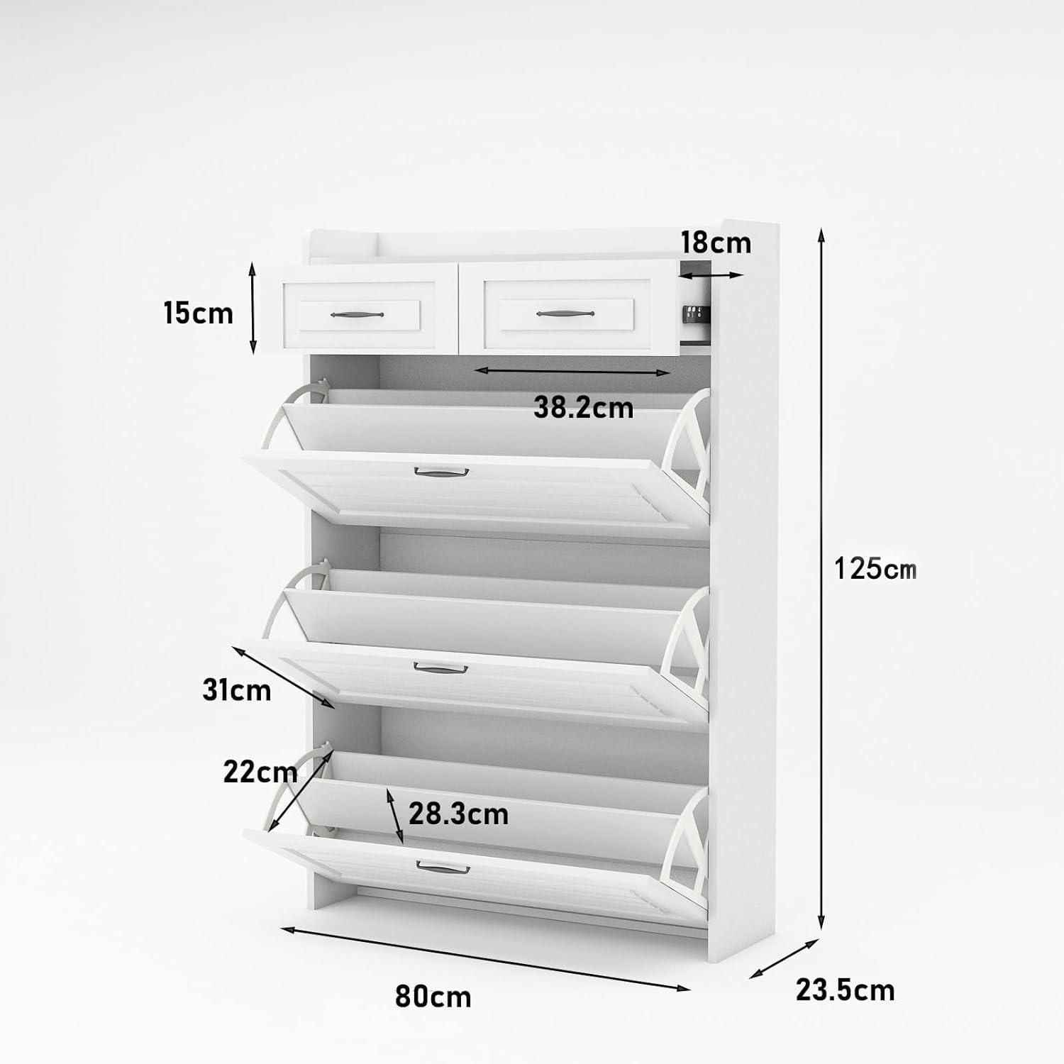 Miniyam Shoe Cabinet, Flip Down Shoe Rack with Drawers, Freestanding Shoe Storage Organizer for Entryway, White