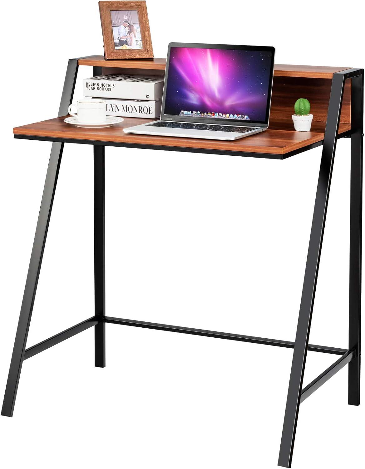 YYAo Writing Desk, Home Computer Desk,2 Tier Computer Desk PC Laptop Table Study Writing Home Office Workstation New-Walnut