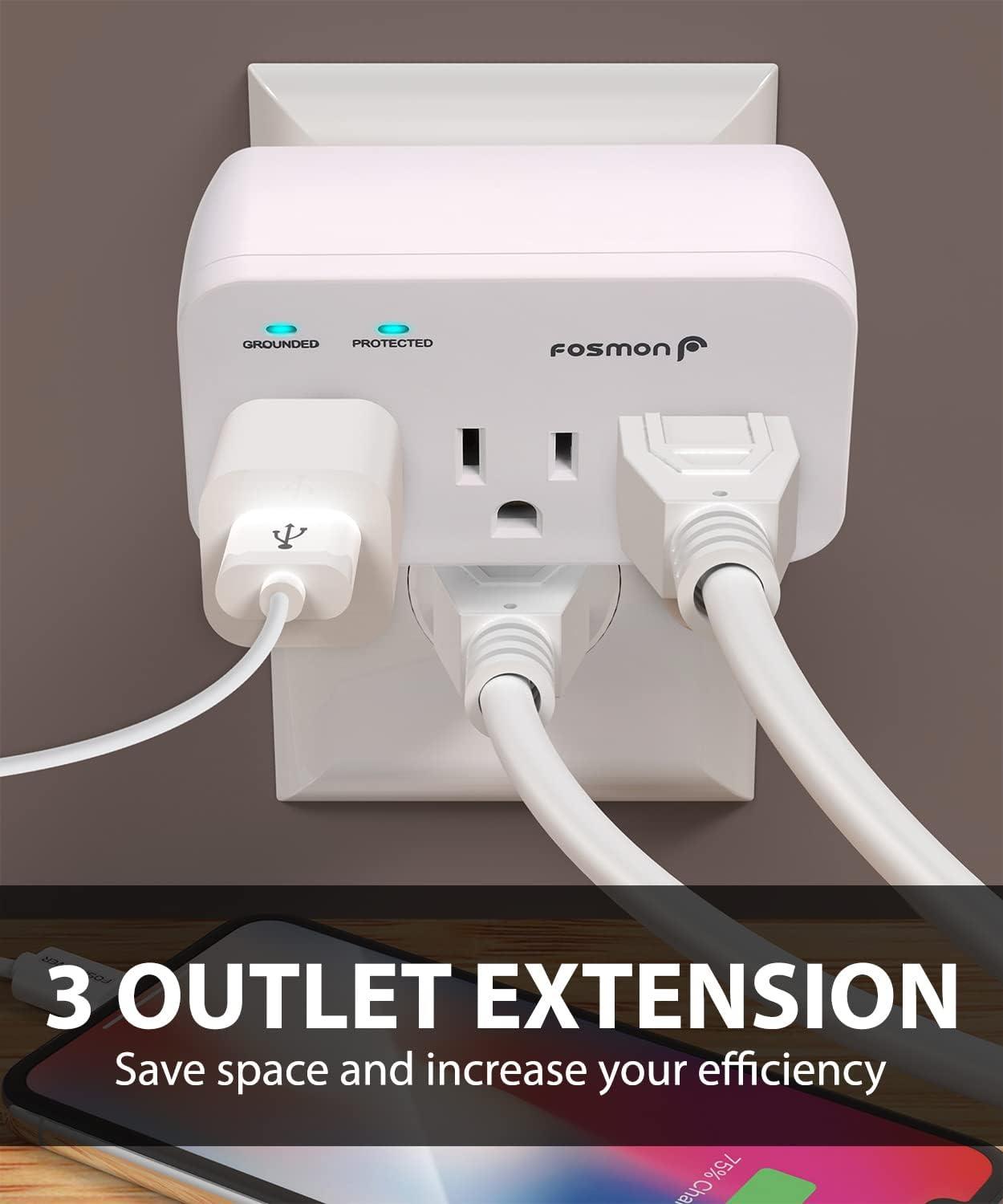 Fosmon [ETL Listed] 3-Outlet 1200J Surge Protector Outlet Extender, 3-Prong Outlet Splitter with Ground and Protected Indicator 125V/15A
