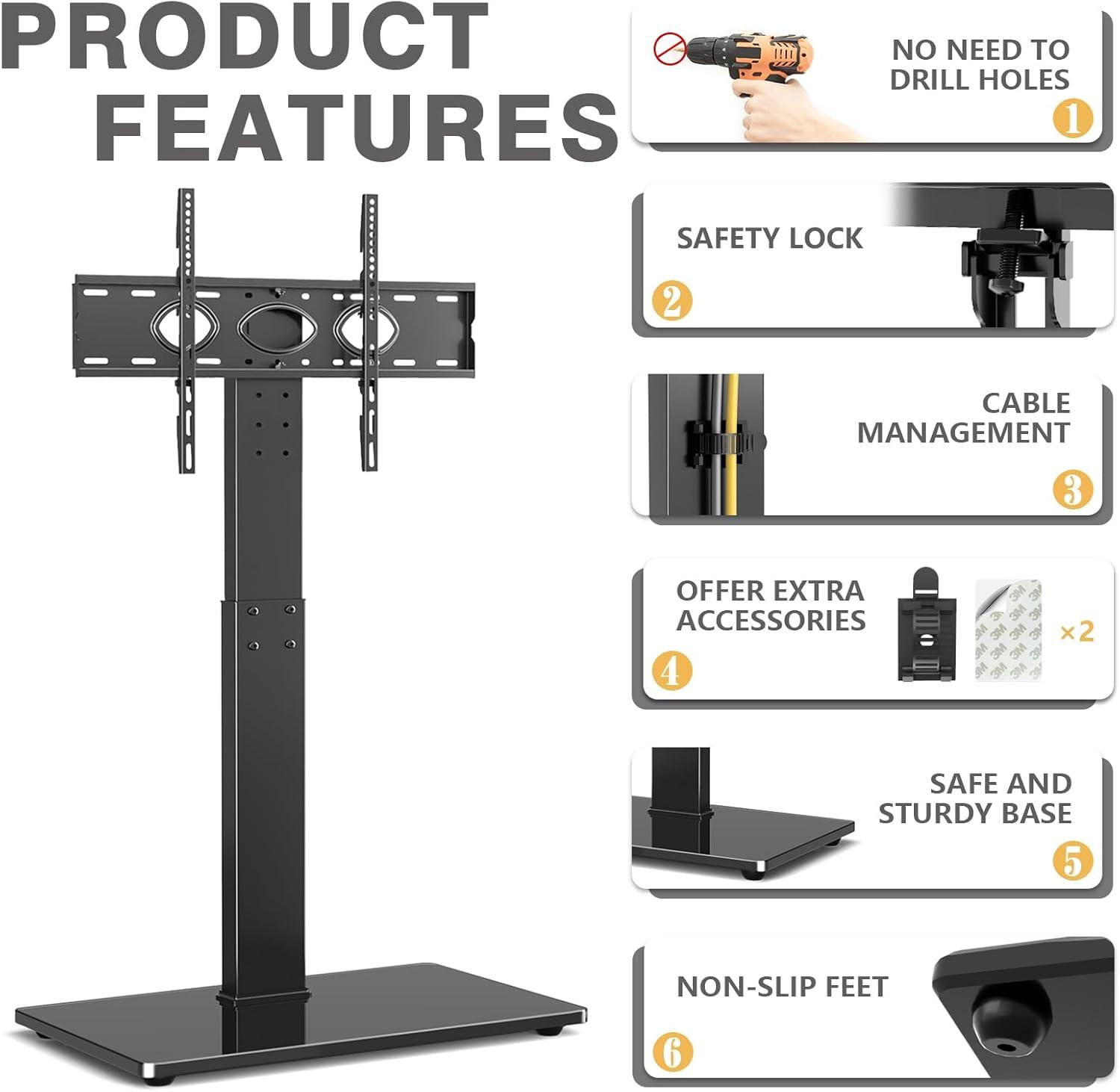 TAVR Universal Floor TV Stand Base for 32-75 Inch TVs up to 110 Lbs with Swivel Height Adjustable Mount, Black Tempered Glass Base for Media Storage and Space Saving